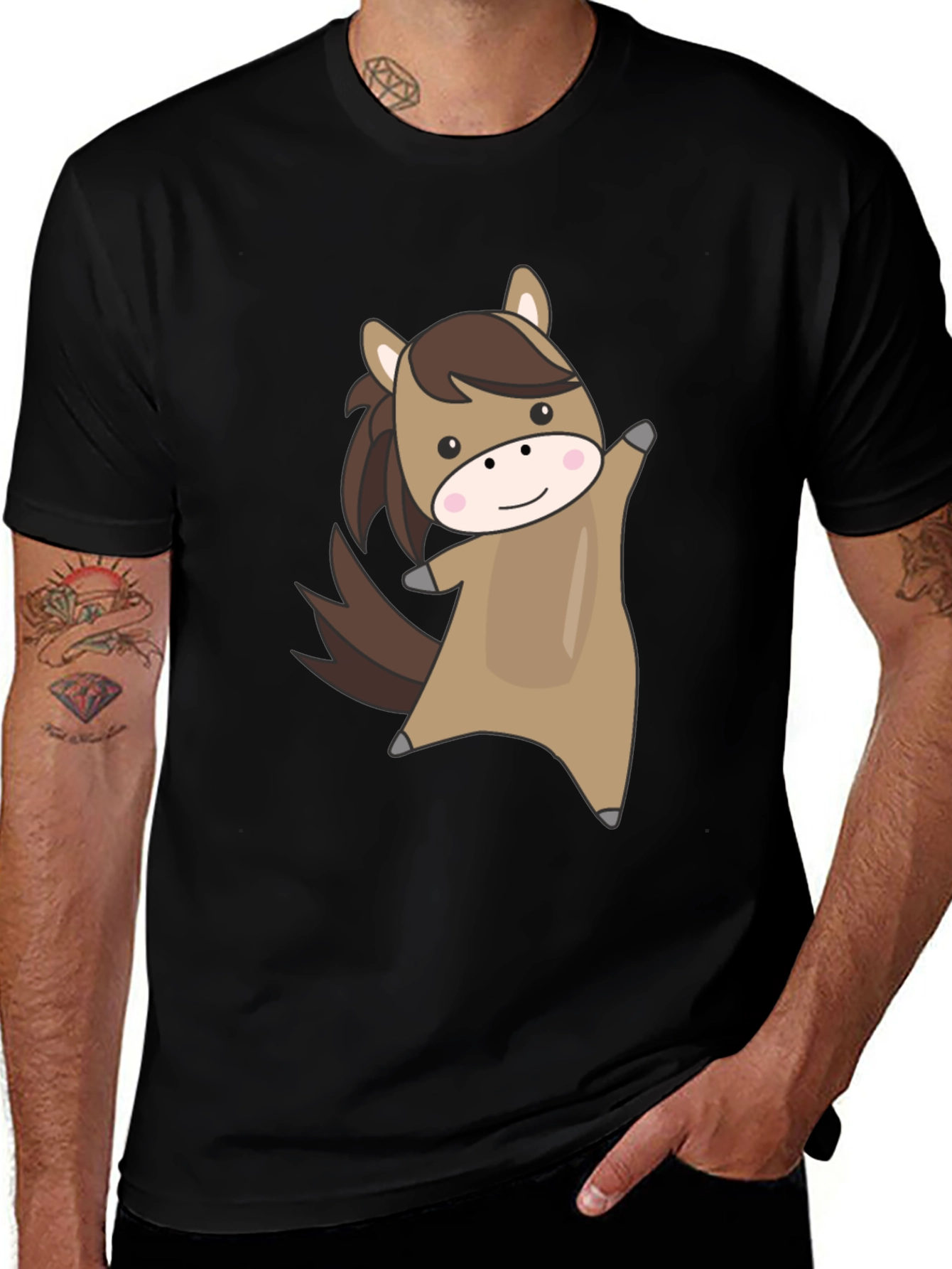 Variant 14 of Cute Cartoon Horse Graphic Black T-Shirt