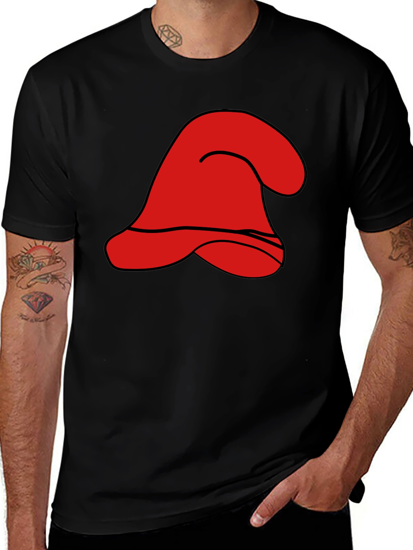 Variant 3 of Red Cartoon Hat Graphic Black T-Shirt