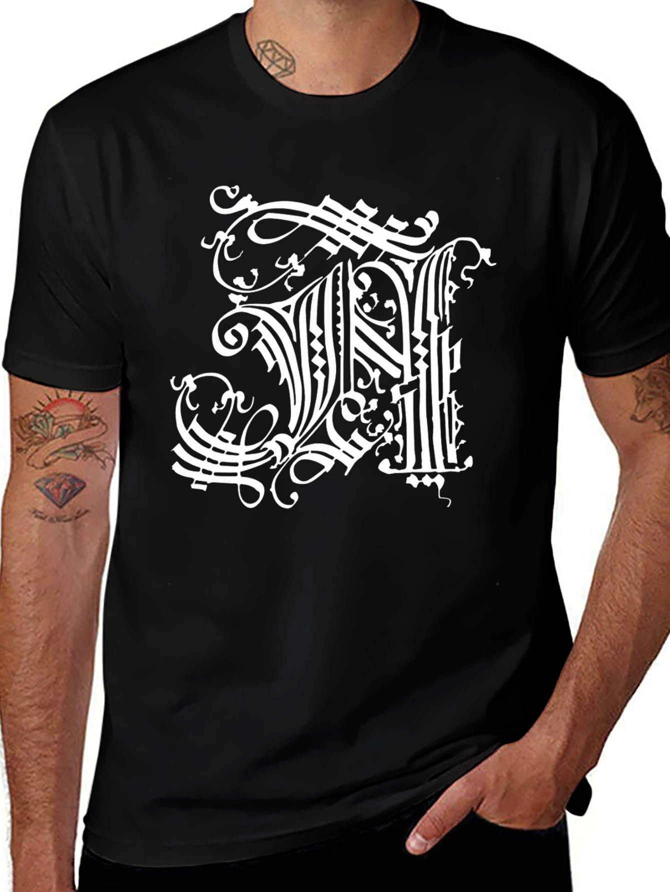 Black Ornate Initial 'H' Graphic Black T-Shirt main image