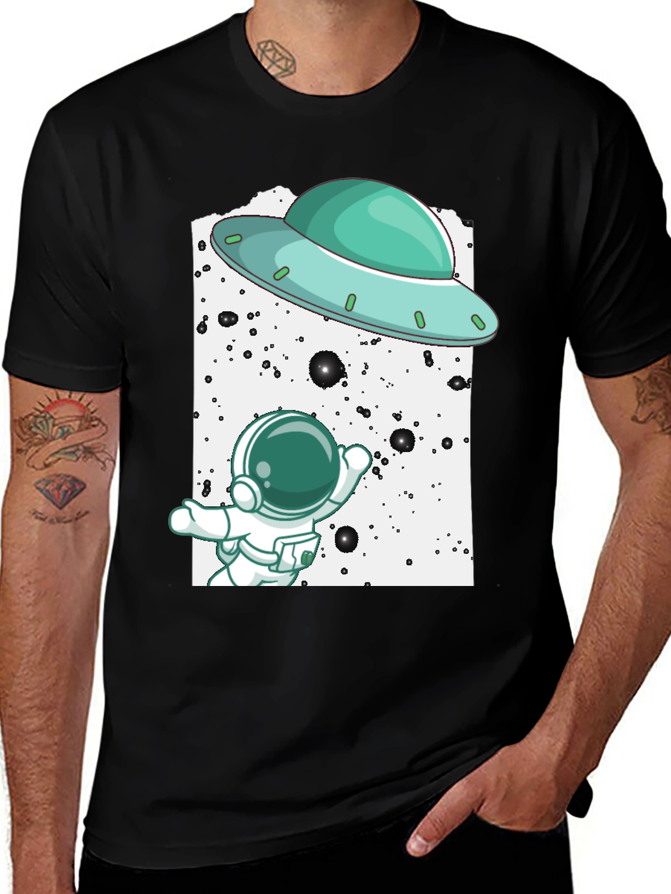 Variant 15 of Astronaut UFO Graphic Tee - Black Cotton T-Shirt