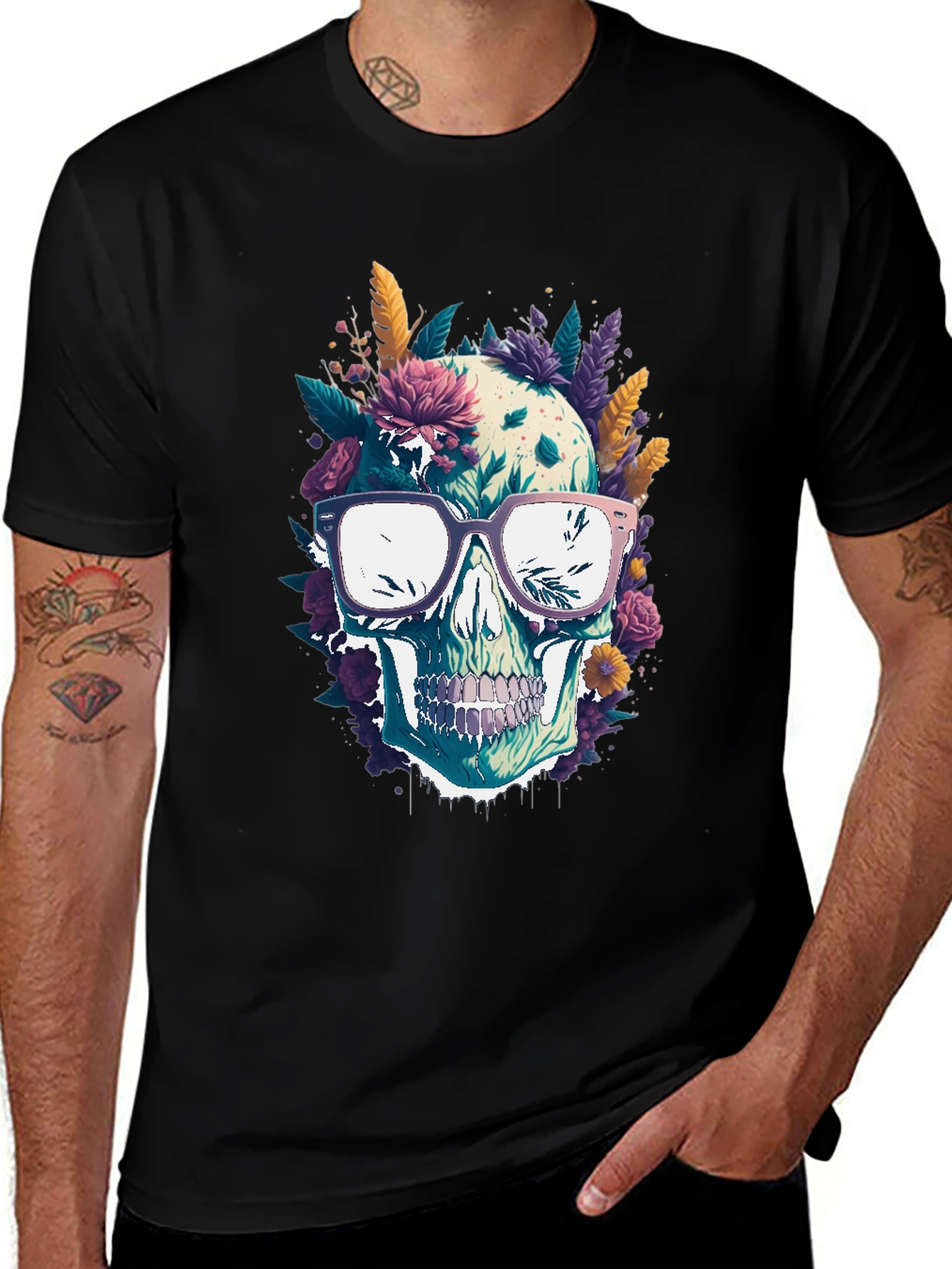 Variant 14 of Floral Skull Graphic Tee - Trendy Men's Black T-Shirt