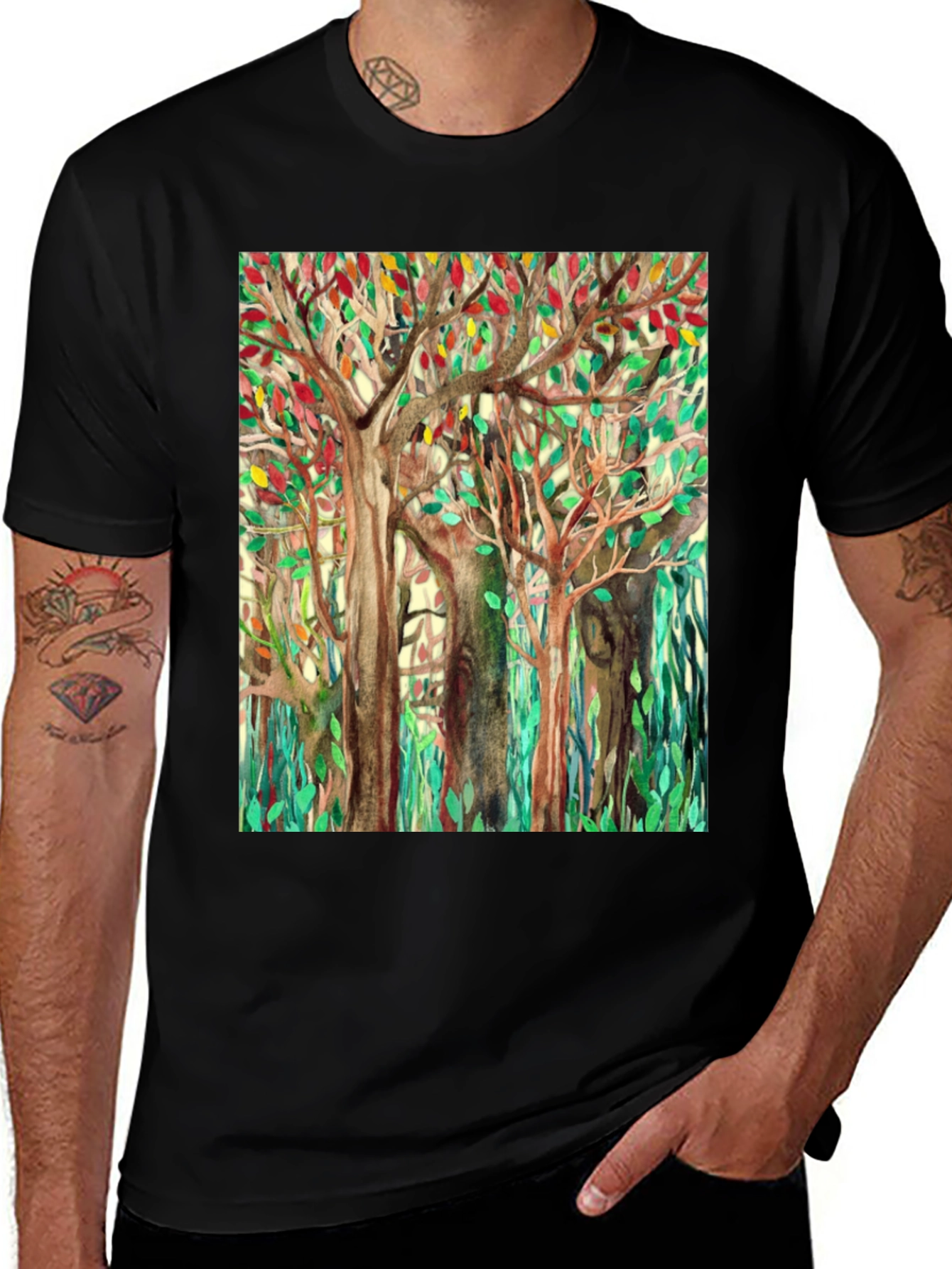 Variant 25 of Watercolor Forest Print Black T-Shirt