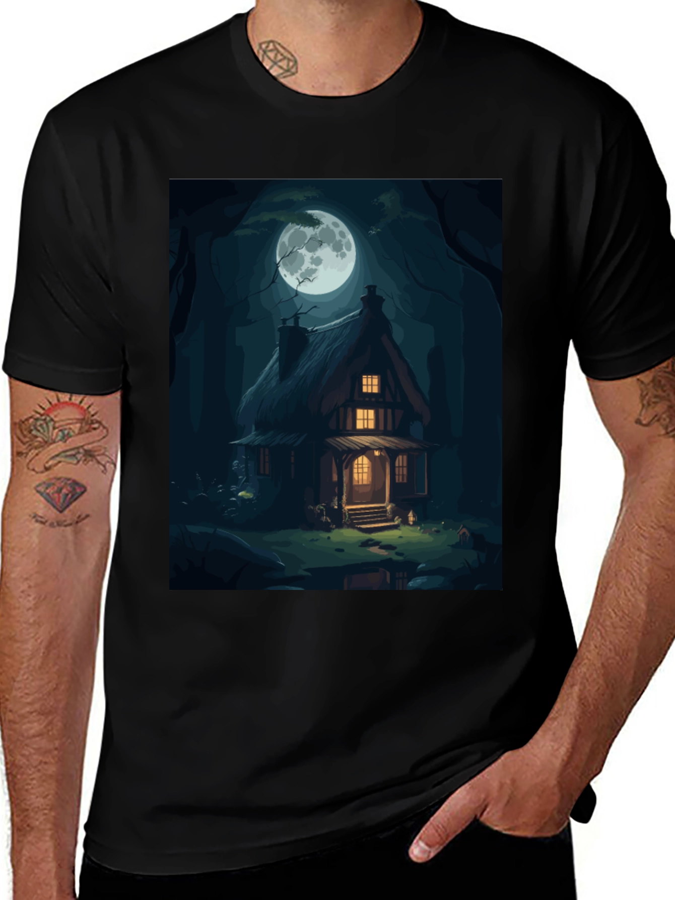 Variant 26 of Moonlit Cabin Graphic Tee - Black