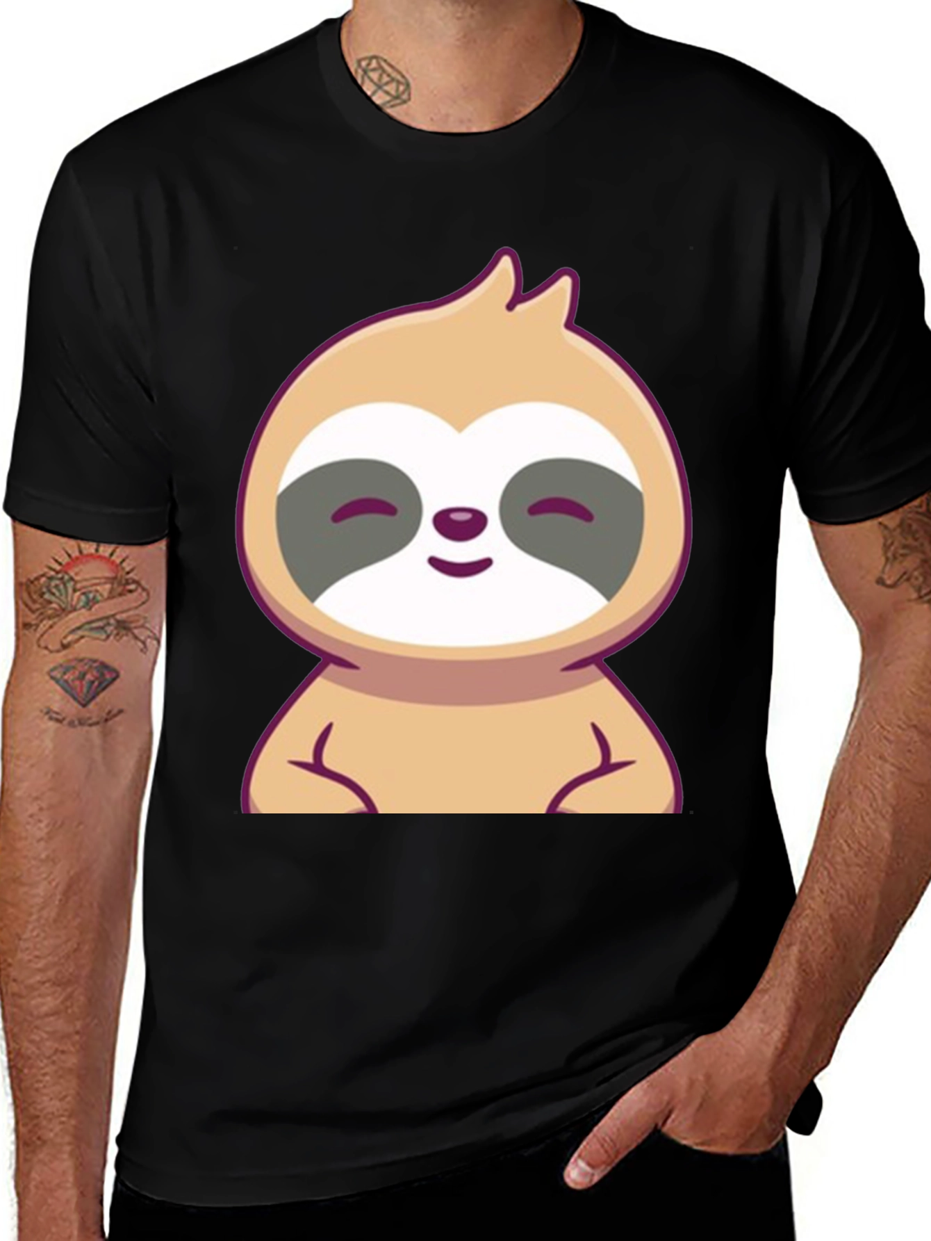 Variant 19 of Cute Sloth Graphic Tee - Black Cotton T-Shirt