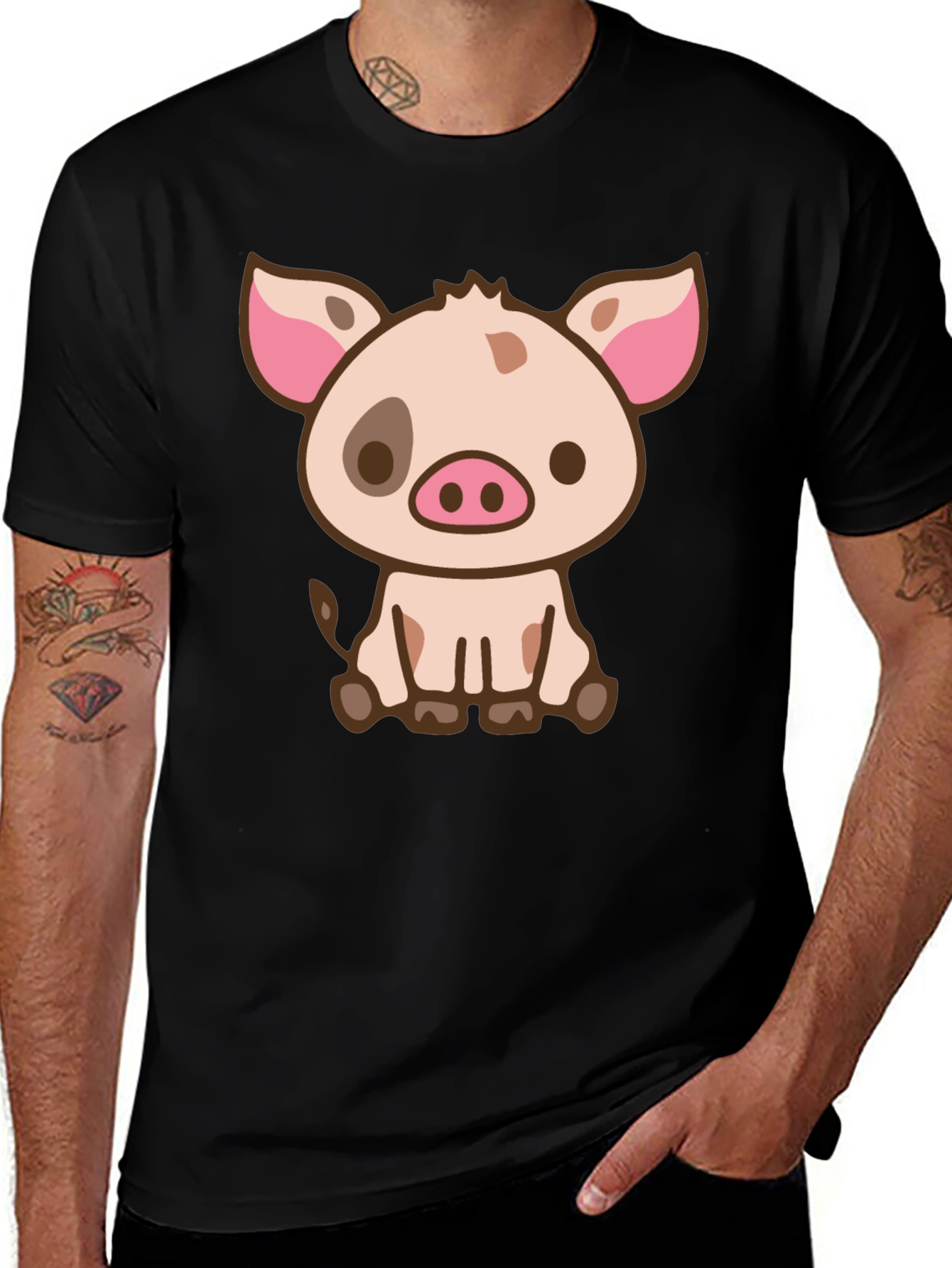 Variant 13 of Cute Cartoon Pig Graphic Black T-Shirt