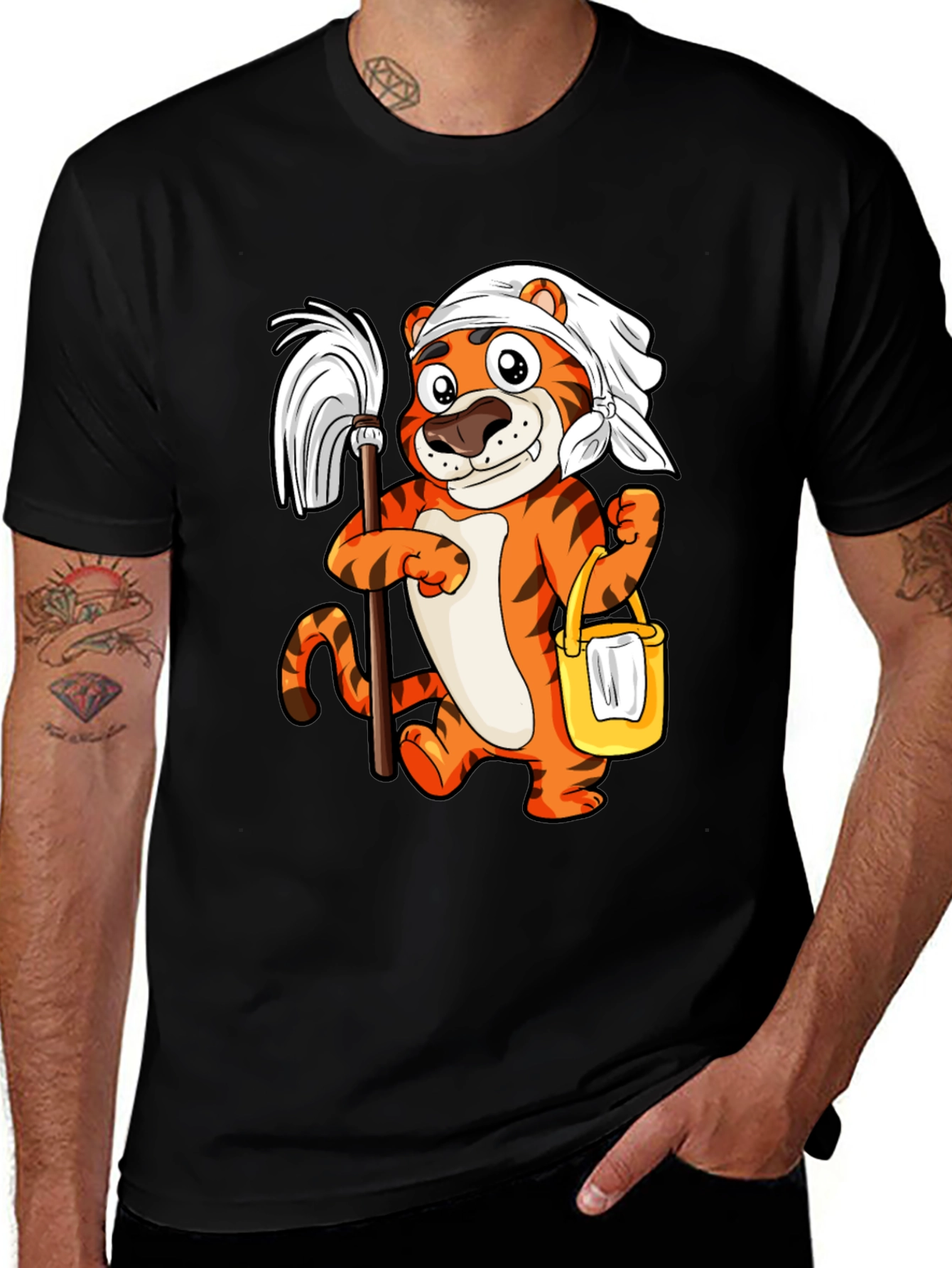 Tiger Janitor T-Shirt - Cartoon Cleaning Design