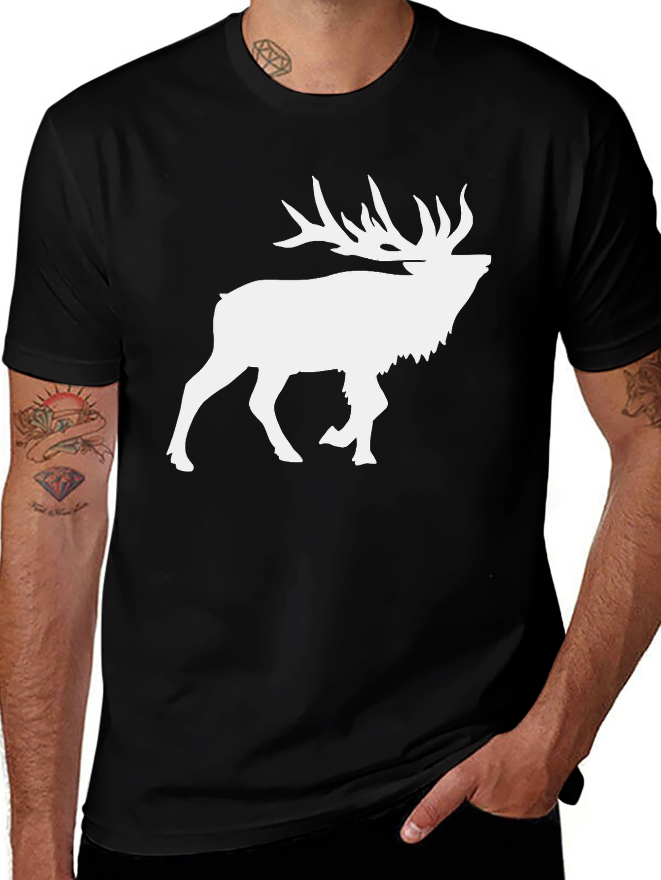 Variant 21 of Men's Black T-Shirt with White Elk Graphic