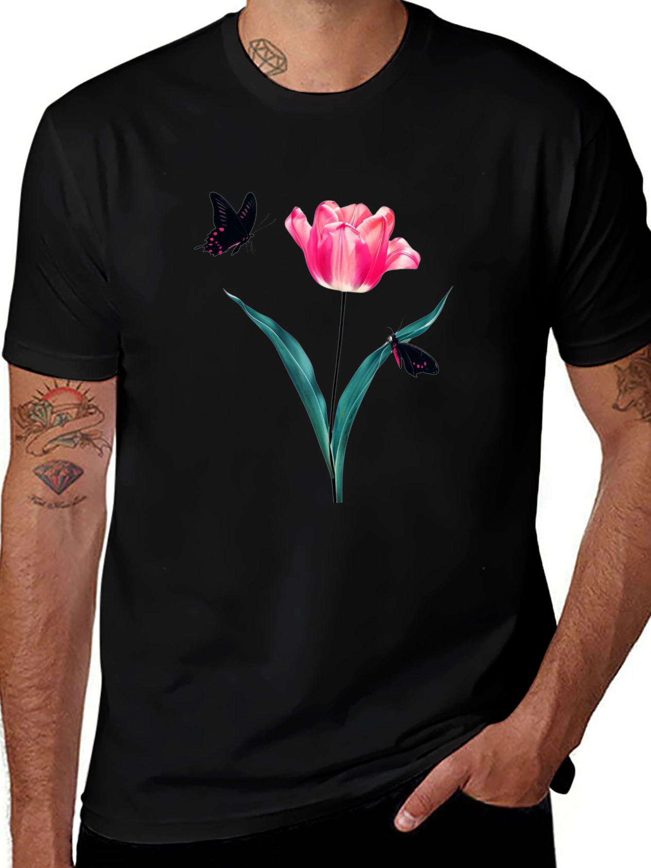 Variant 16 of Floral Tulip & Butterfly Graphic Black T-Shirt