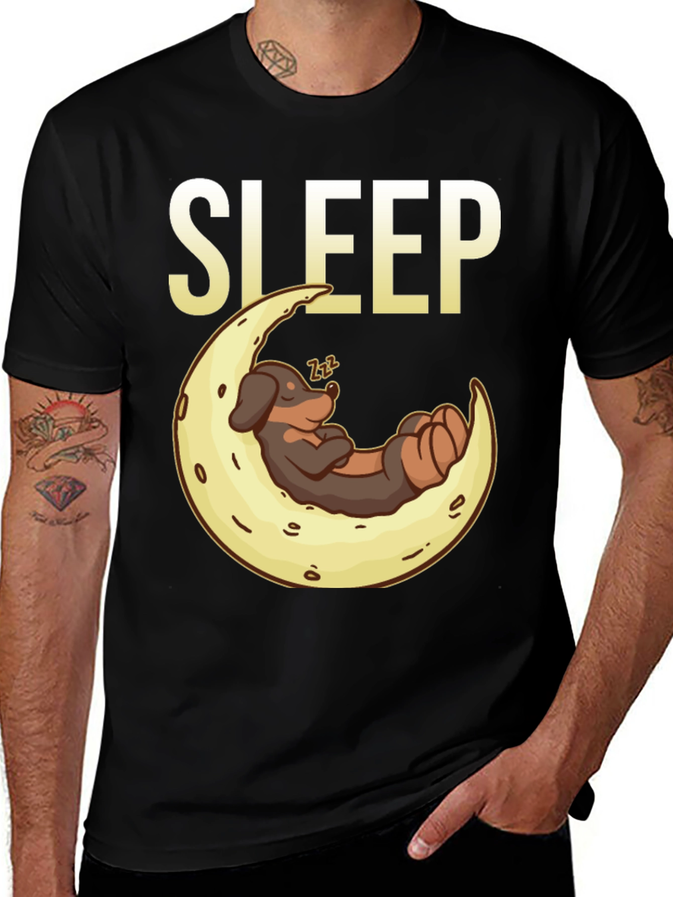 Sleepy Dog on Moon Graphic Tee - Black