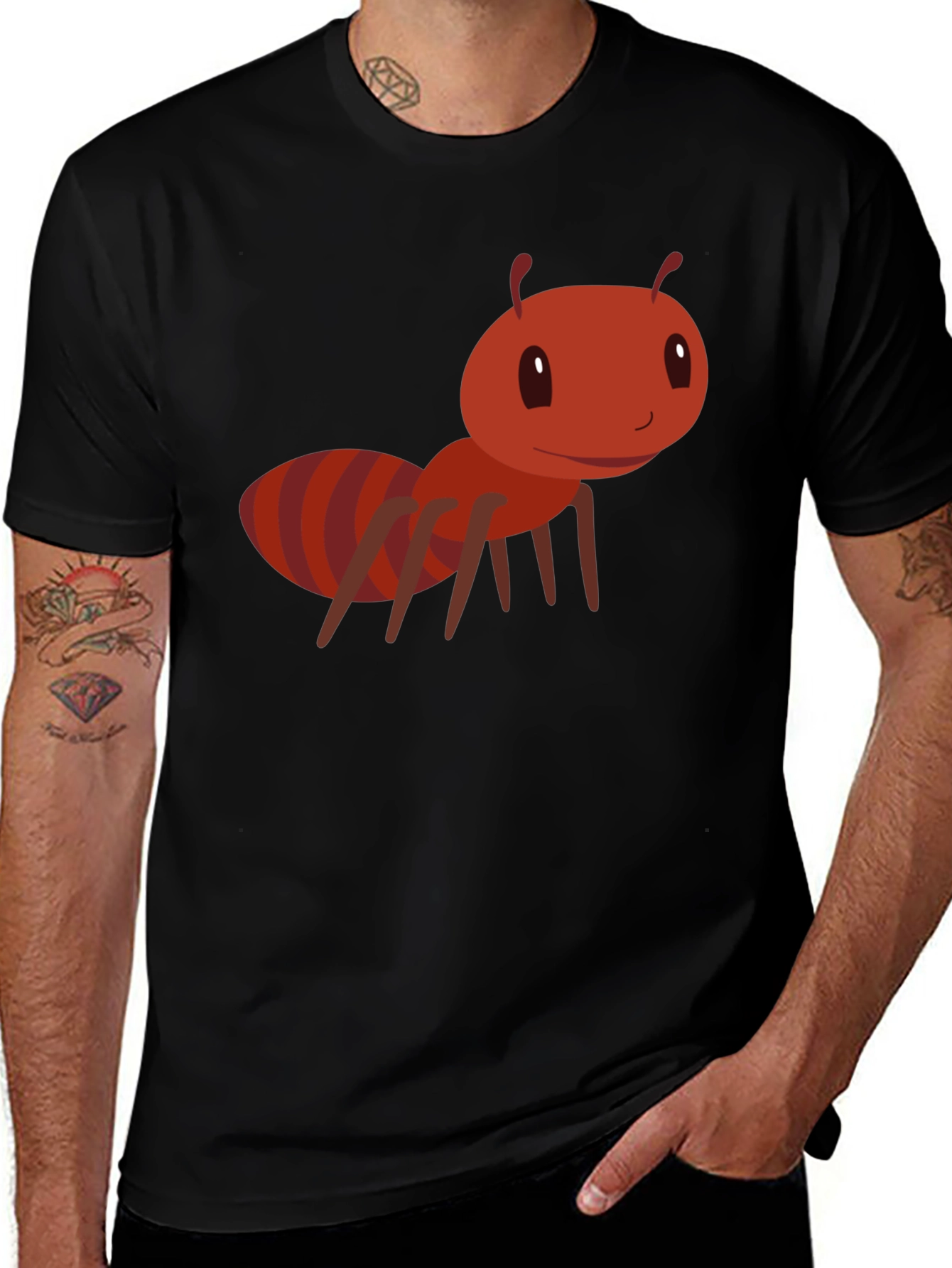 Variant 10 of Cute Cartoon Ant Graphic Tee - Black Cotton