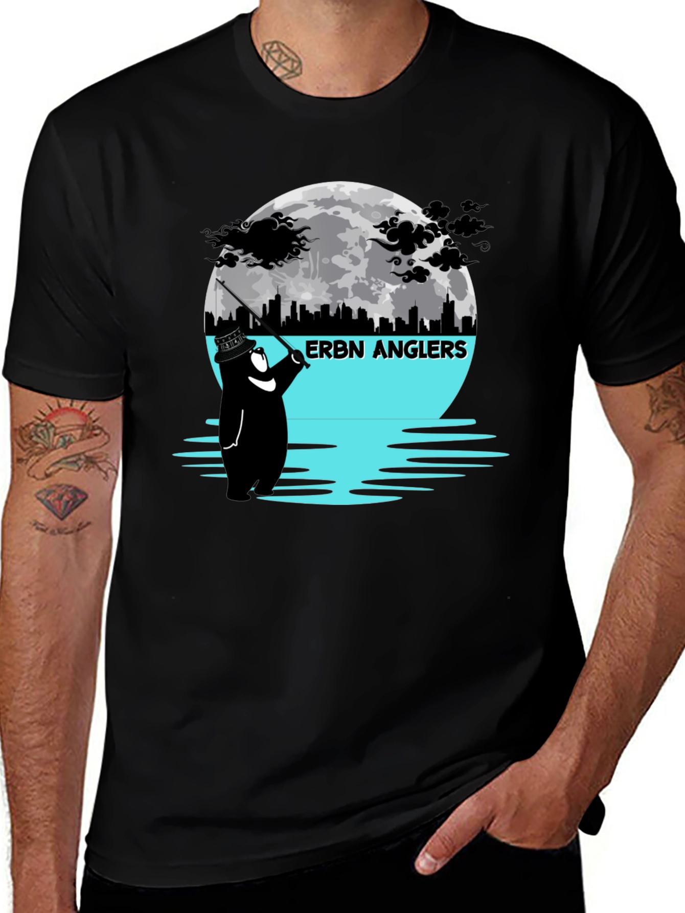 Variant 23 of ERBN Anglers T-Shirt: Bear Fishing Under Moonlit Skyline