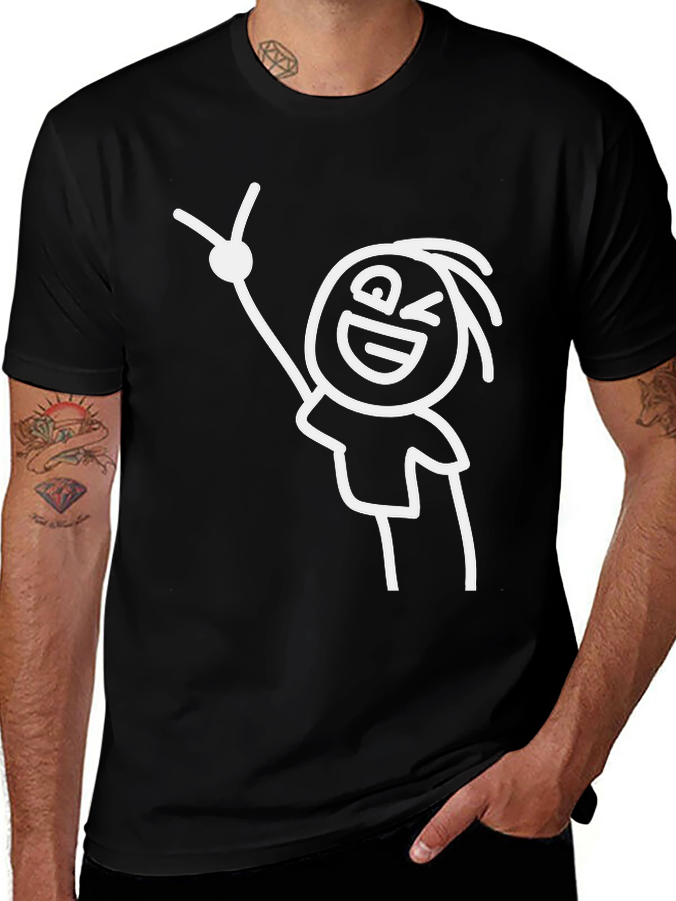 Variant 23 of Winking Stick Figure Graphic T-Shirt - Black Cotton Blend