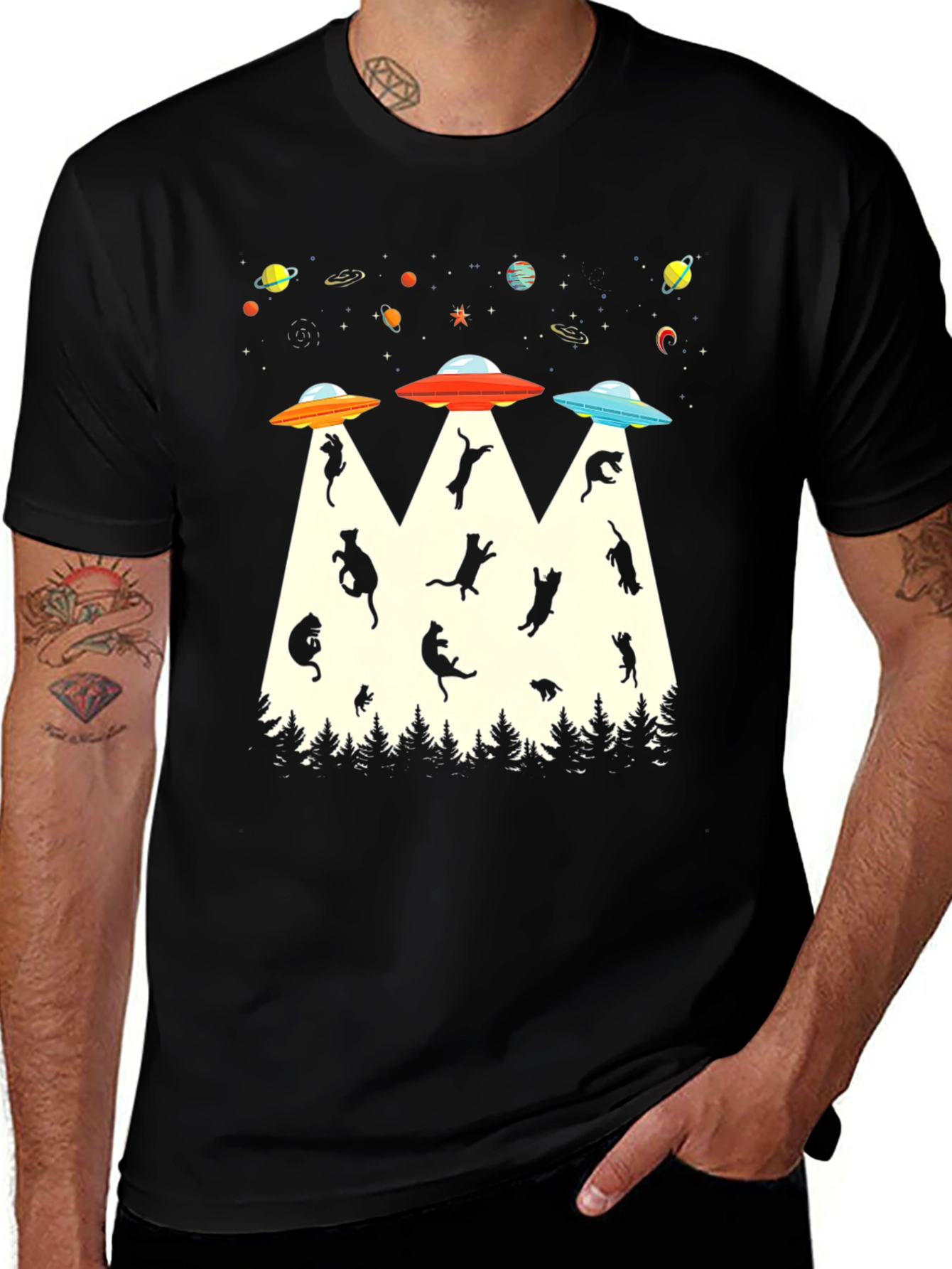Variant 12 of UFO Cat Abduction Graphic Tee - Black