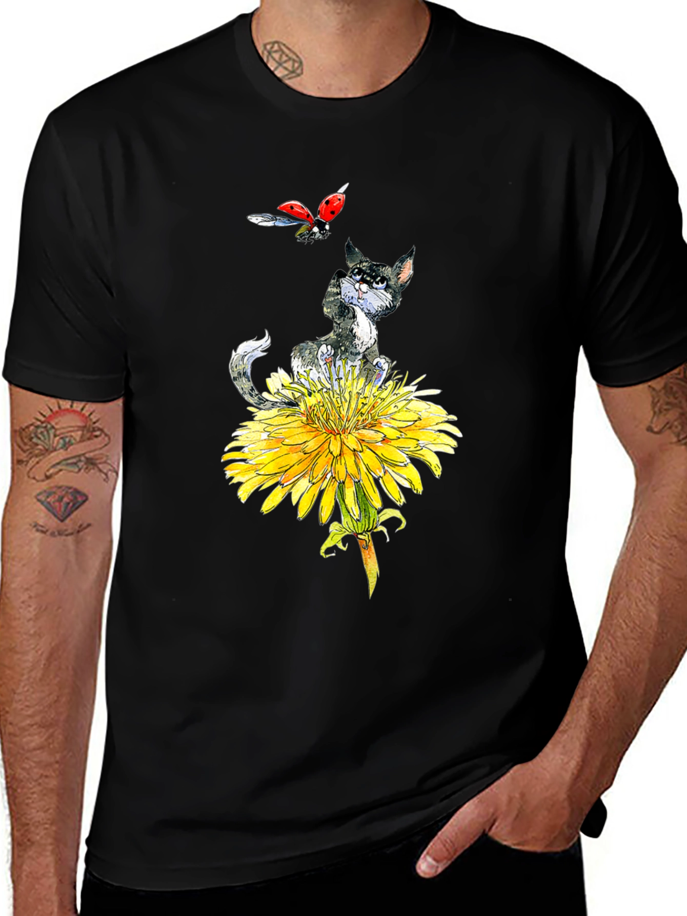 Variant 15 of Cat & Ladybug Dandelion Graphic Tee - Black