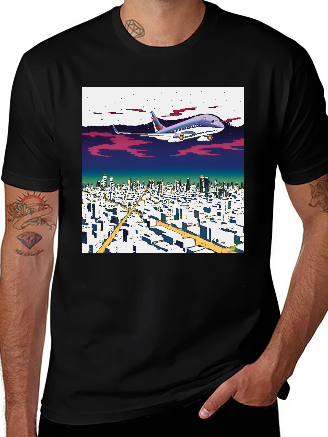 Black Retro Plane Over City T-Shirt main image