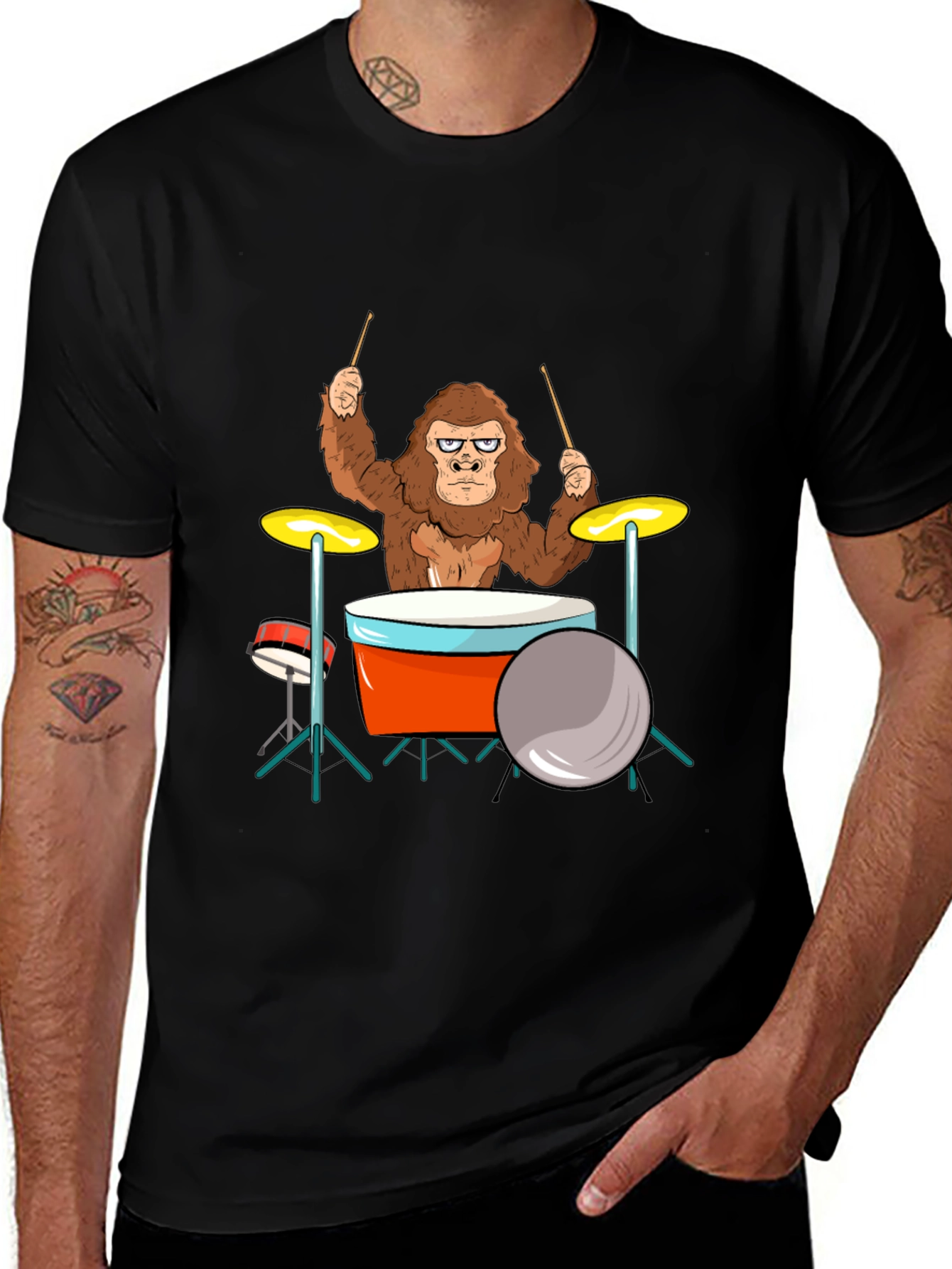 Variant 5 of Gorilla Drummer T-Shirt - Black Cotton Tee