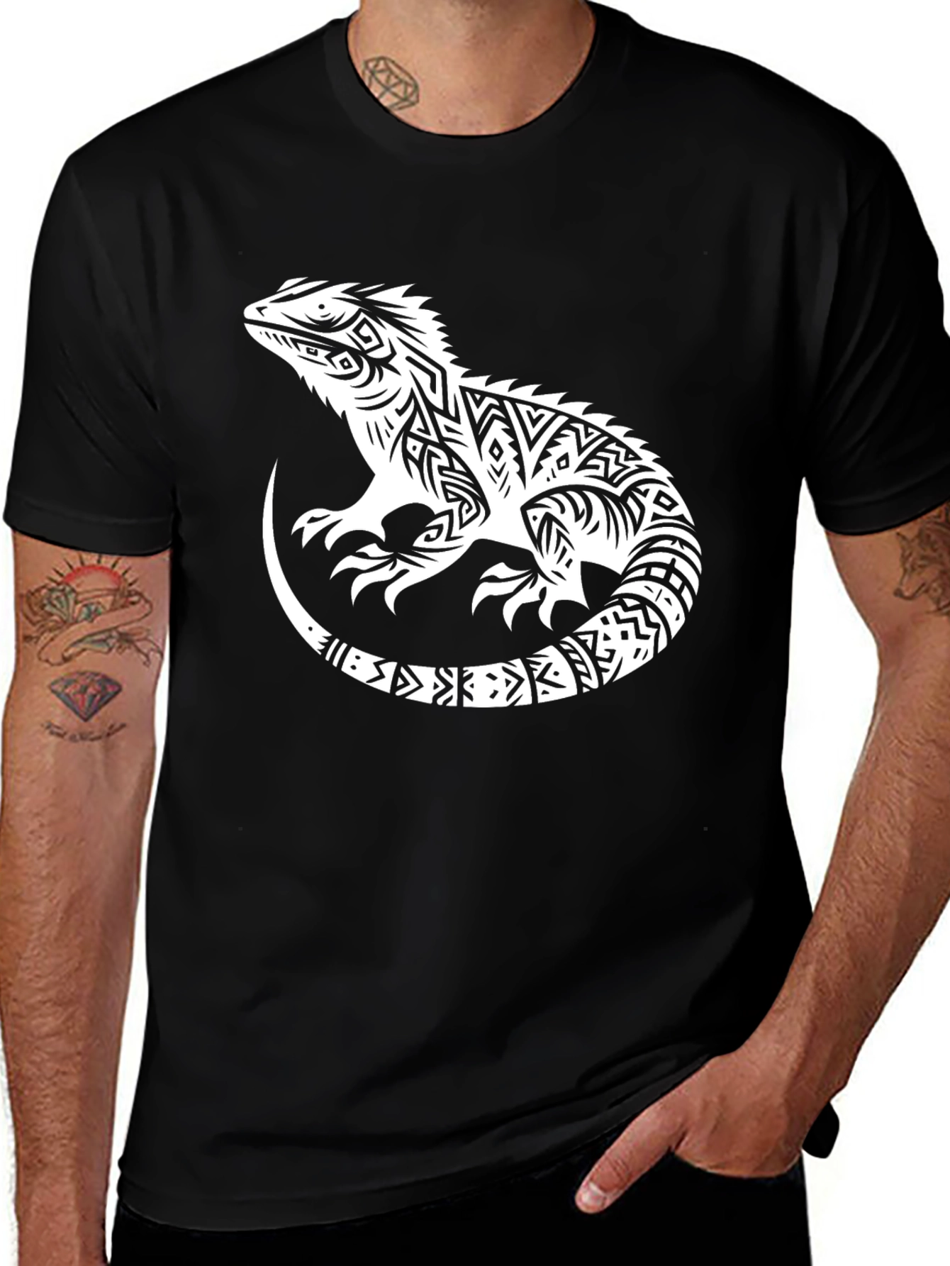 Variant 16 of Tribal Lizard Graphic Tee - Men's Black T-Shirt
