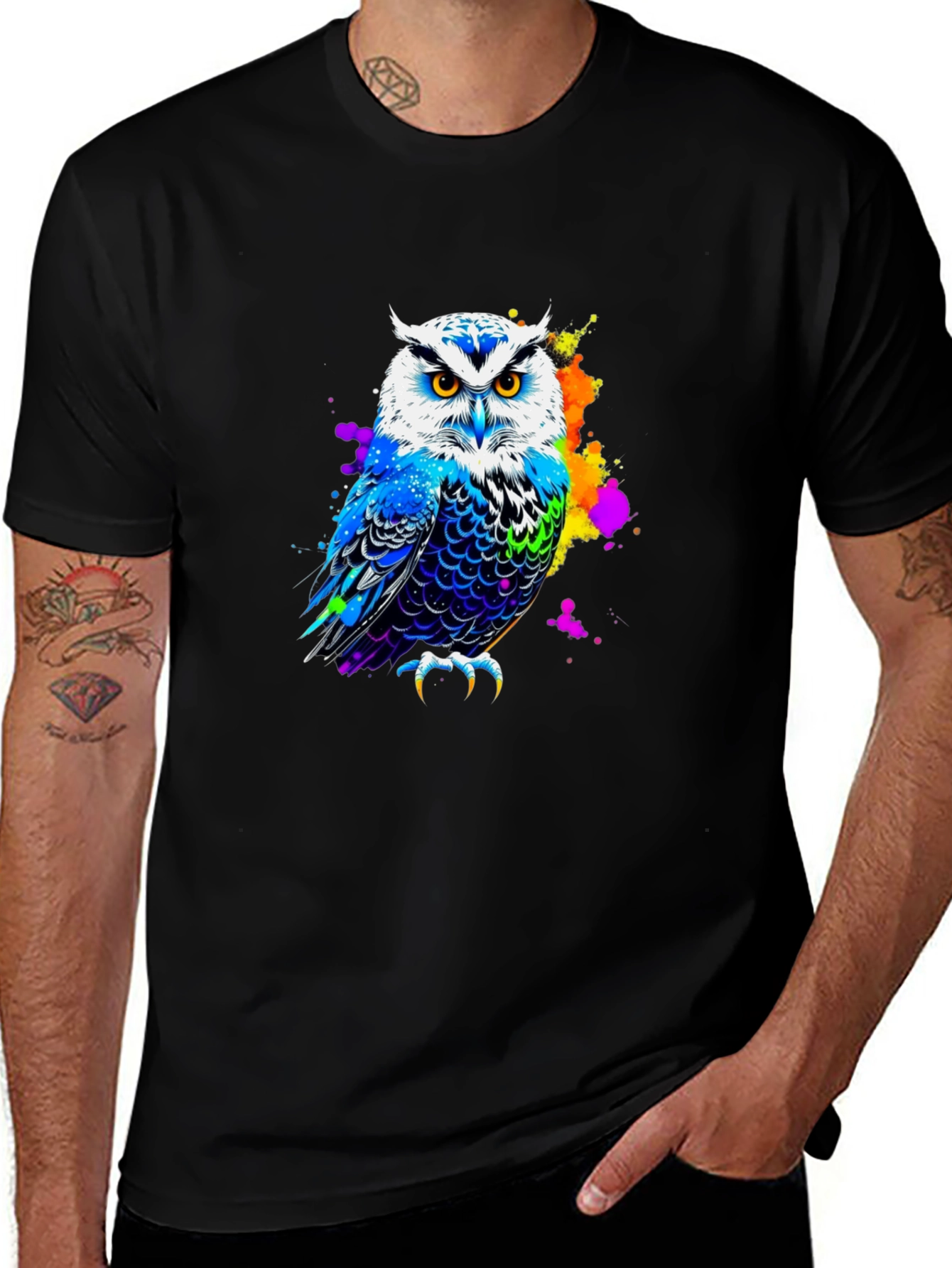 Variant 20 of Vibrant Owl Graphic Tee - Men's Black Cotton T-Shirt