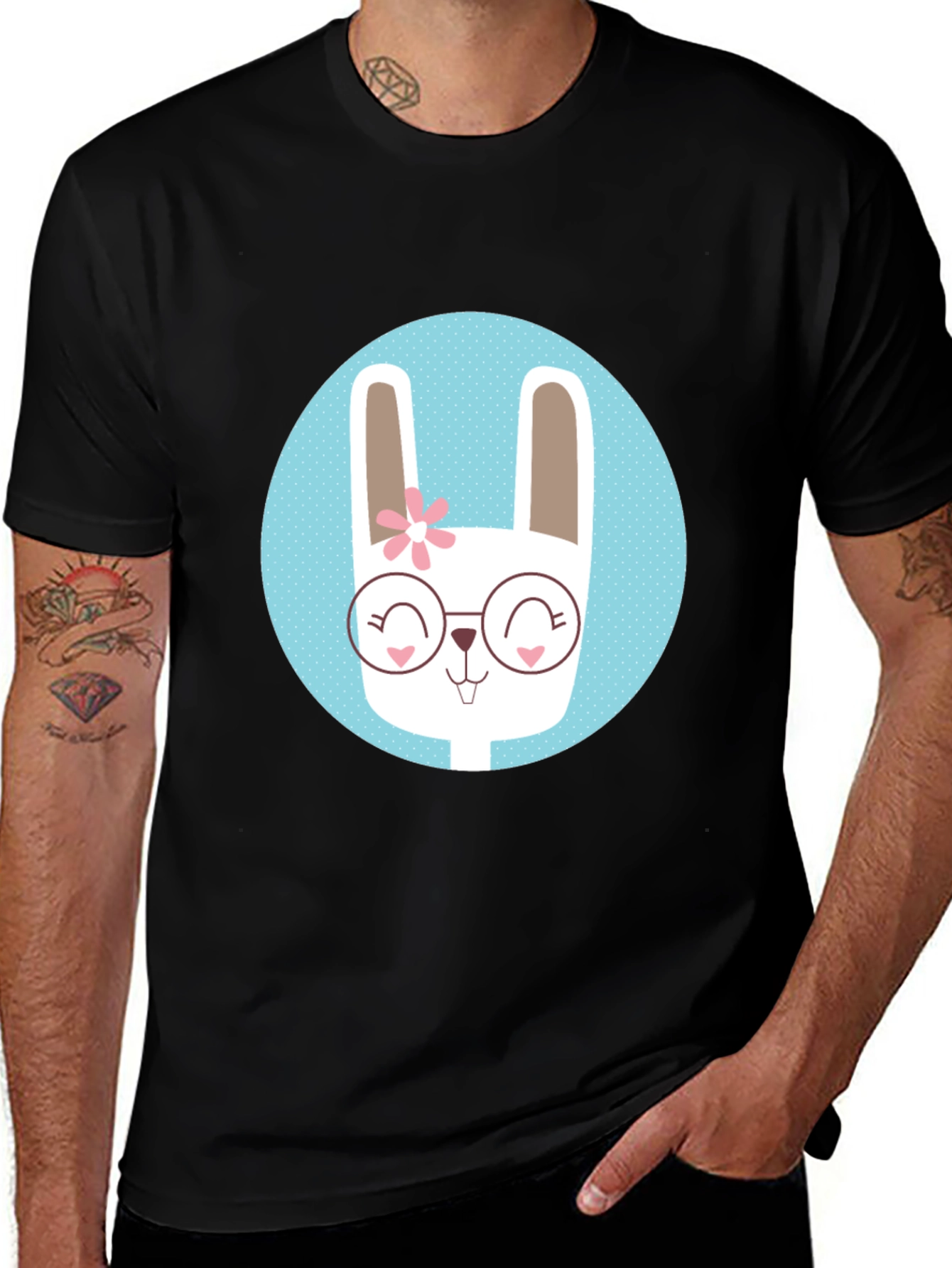 Variant 26 of Cute Bunny T-Shirt - Round Glasses & Flower