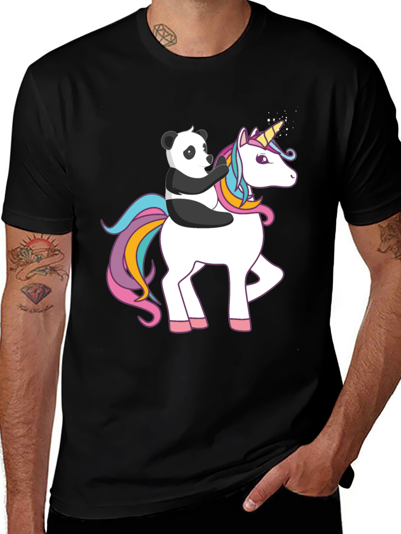 Variant 3 of Panda Riding Unicorn Graphic Tee - Black T-Shirt