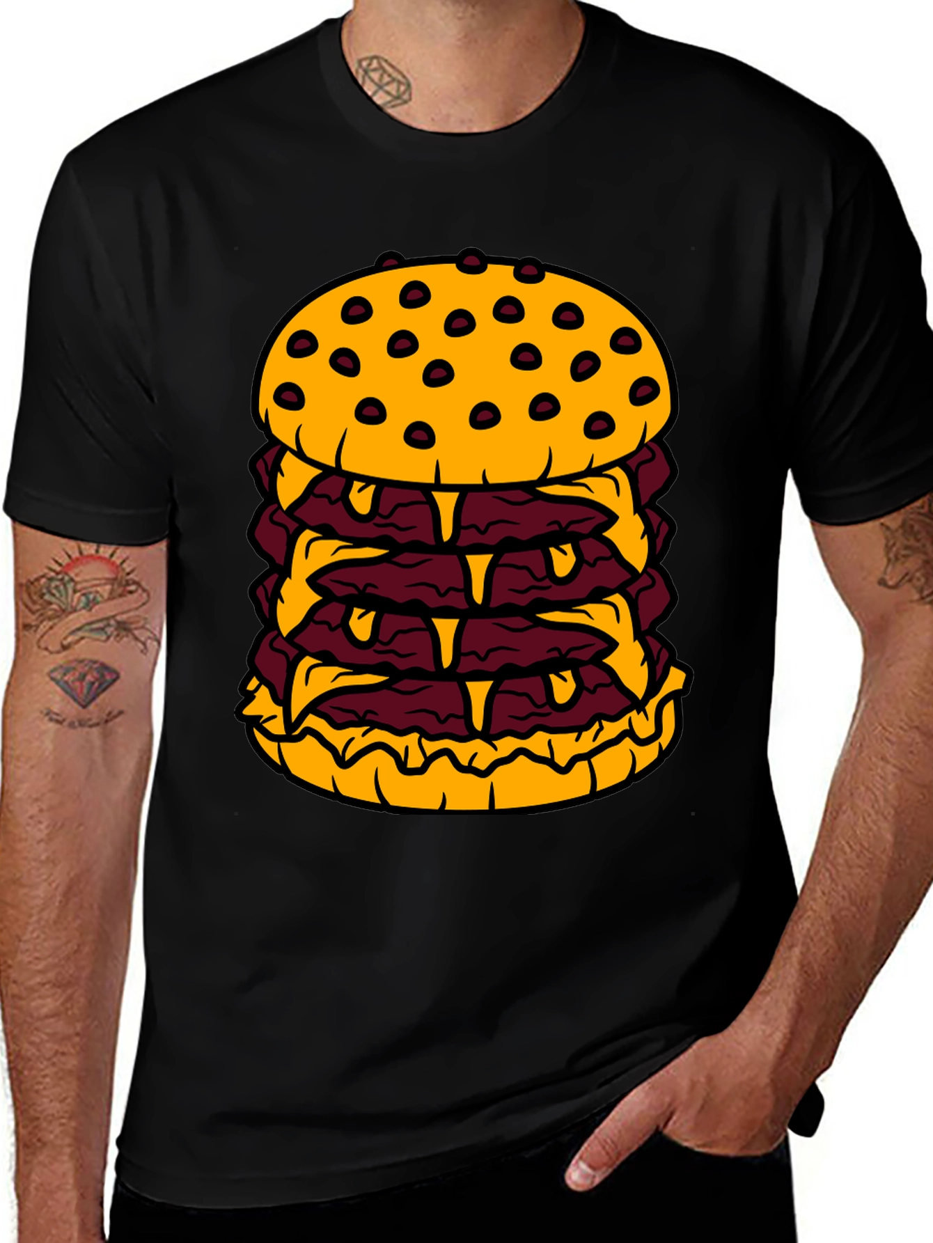 Variant 15 of Humorous Cartoon Burger Graphic Black T-Shirt