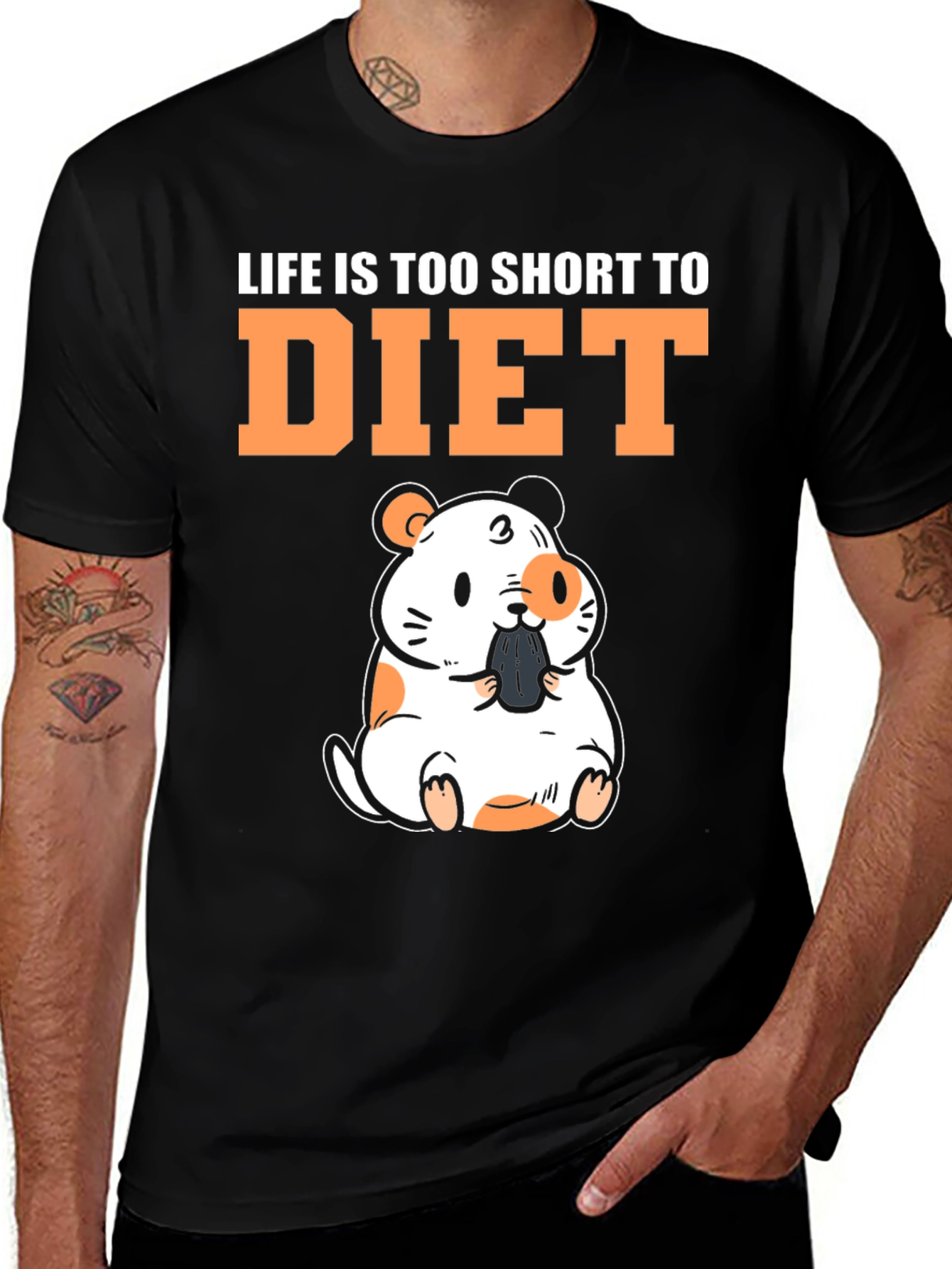 Variant 6 of Funny Hamster "Life is Too Short to Diet" Black T-Shirt