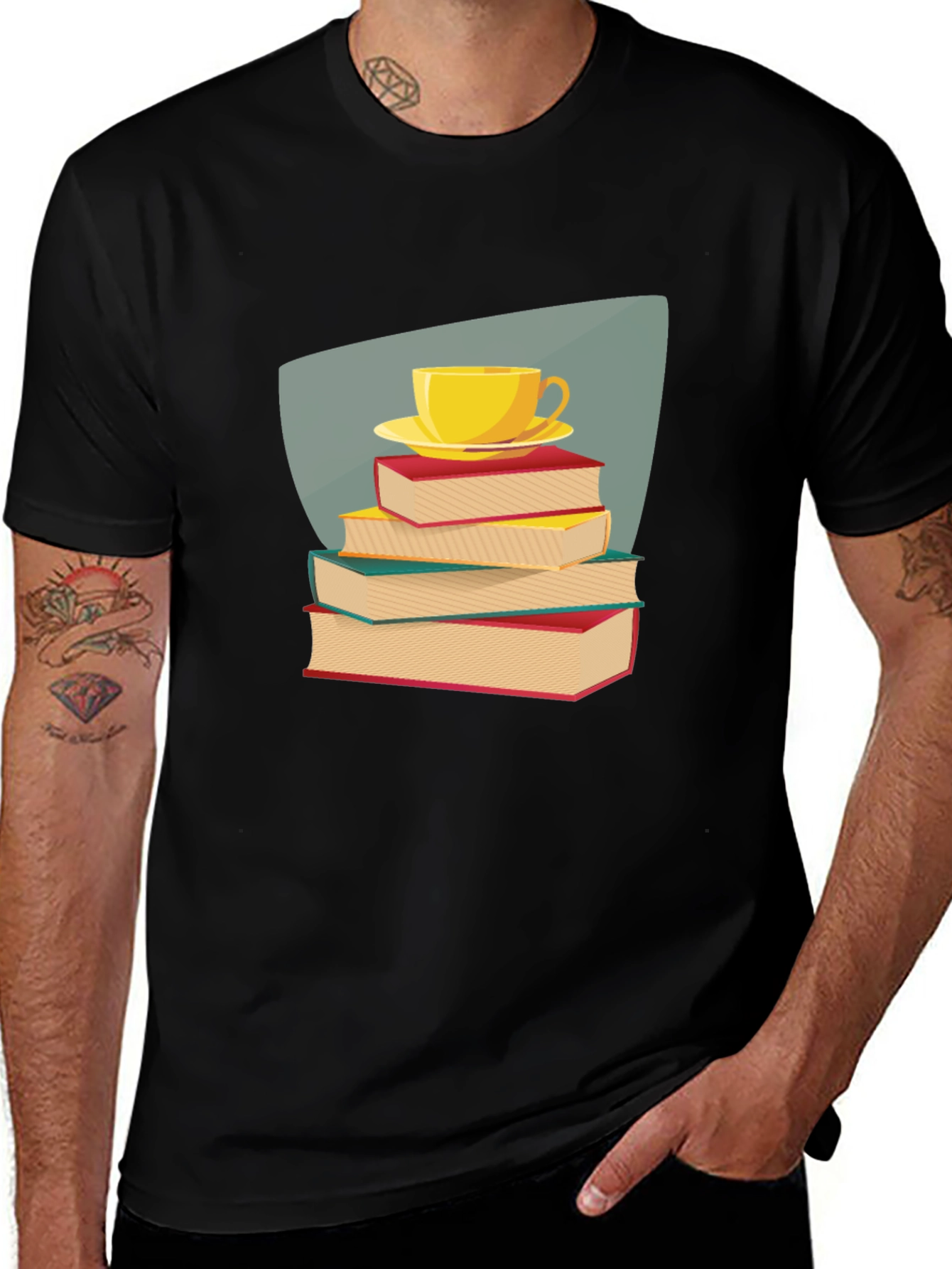 Book Lover T-Shirt - Stacked Books & Tea