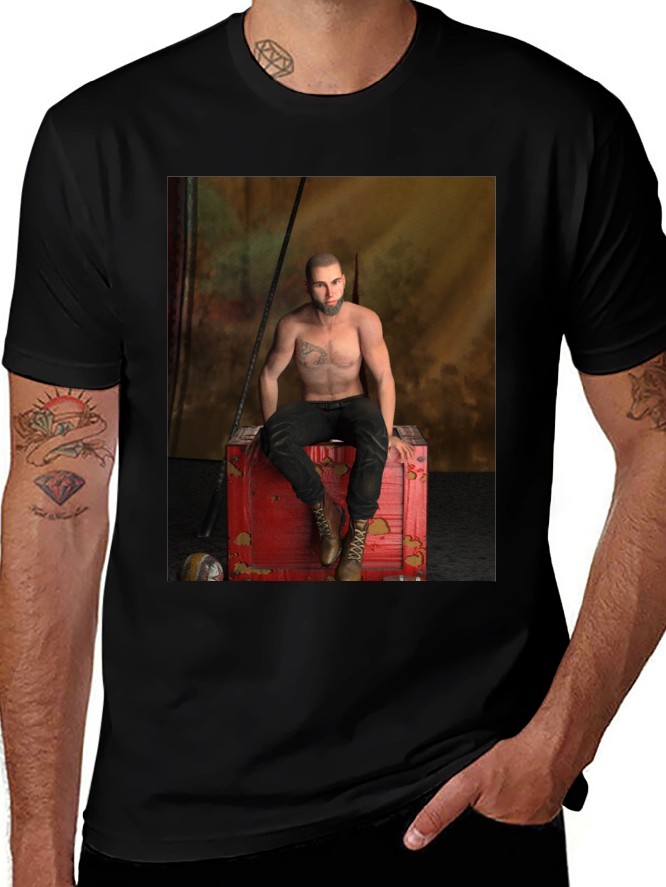Variant 27 of Men's Black Graphic T-Shirt - Tattoo Chest Man on Red Box
