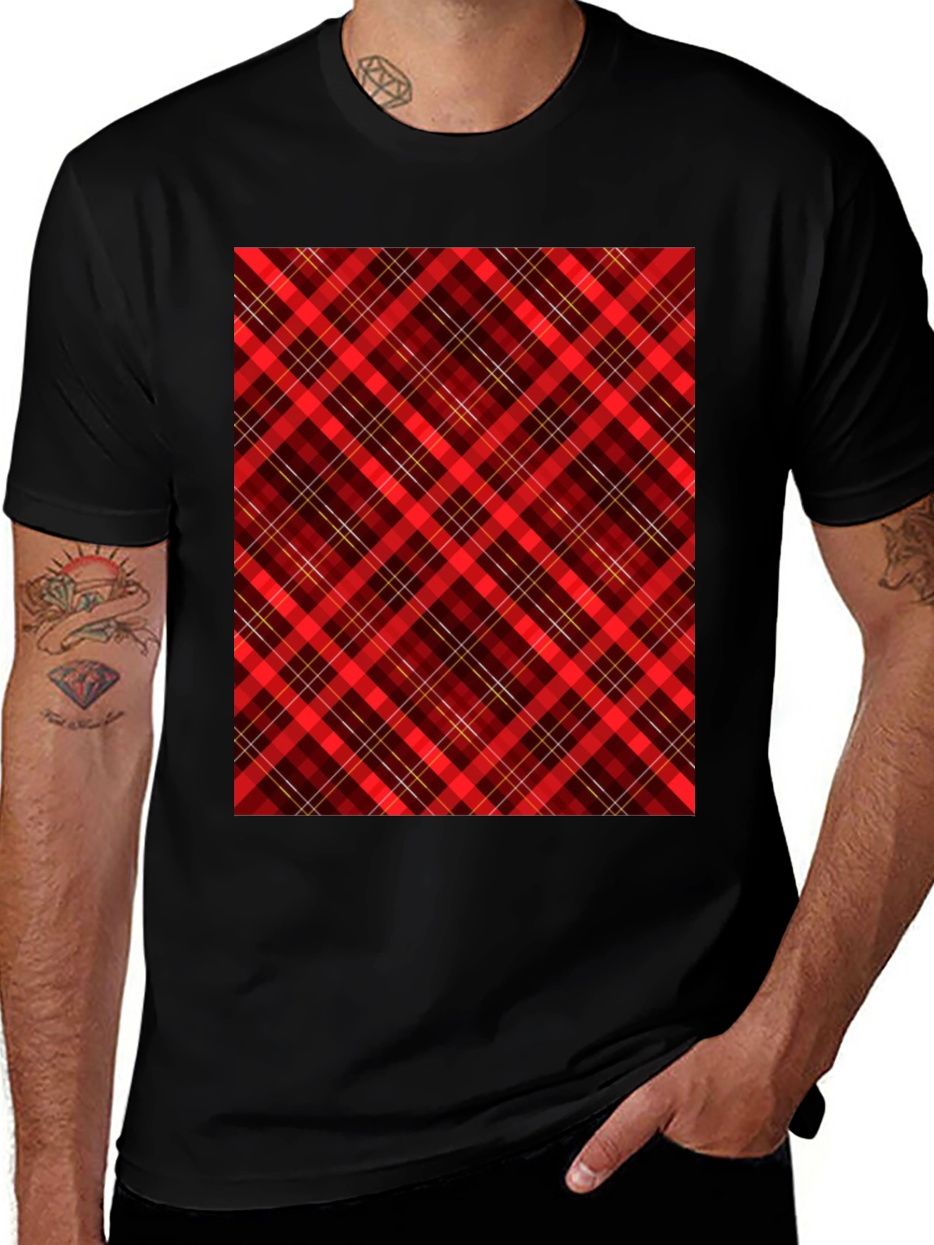 Variant 16 of Red Plaid Patterned Men's Black T-Shirt