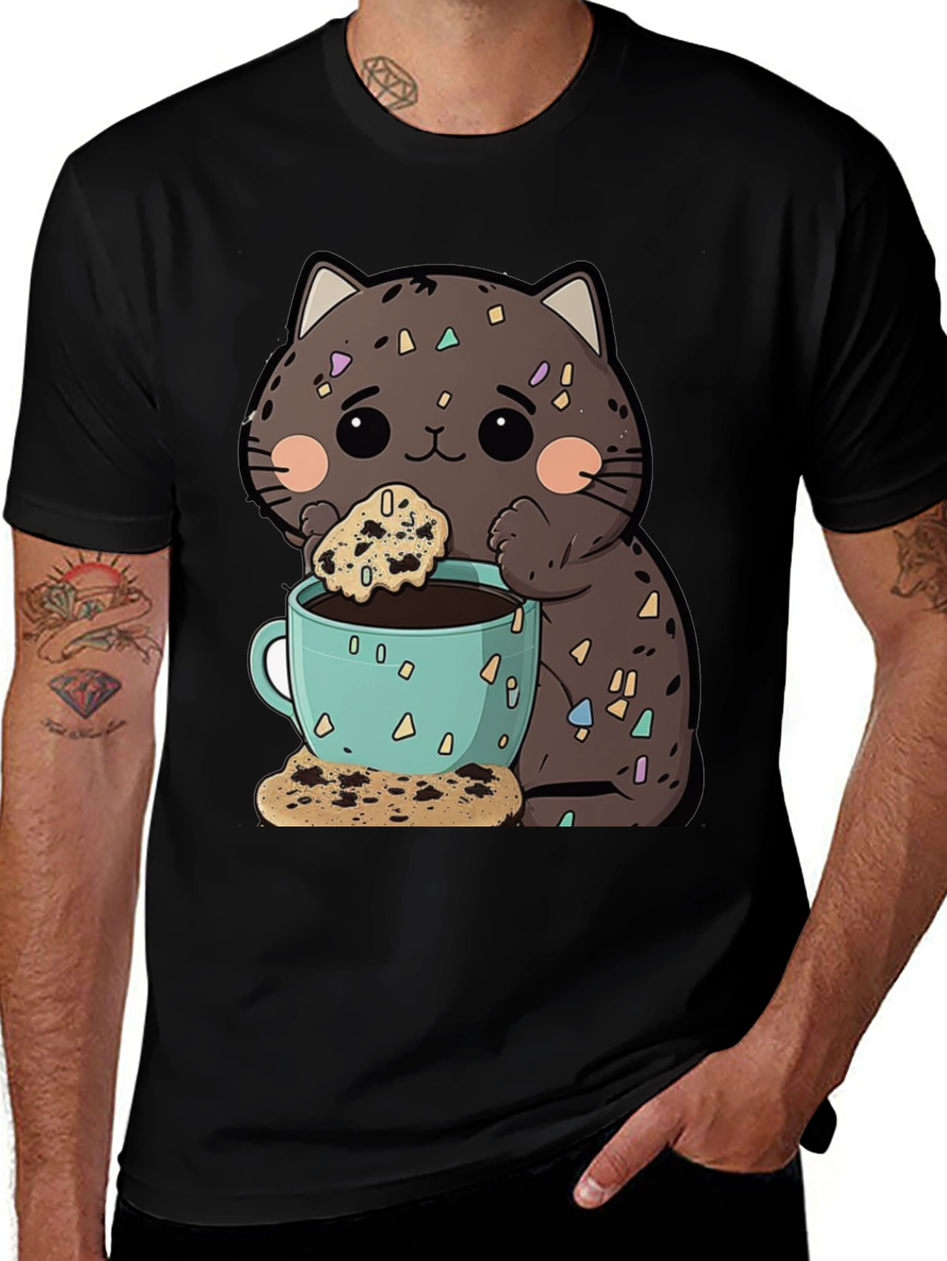 Variant 27 of Cute Cartoon Cat with Coffee and Cookie T-Shirt