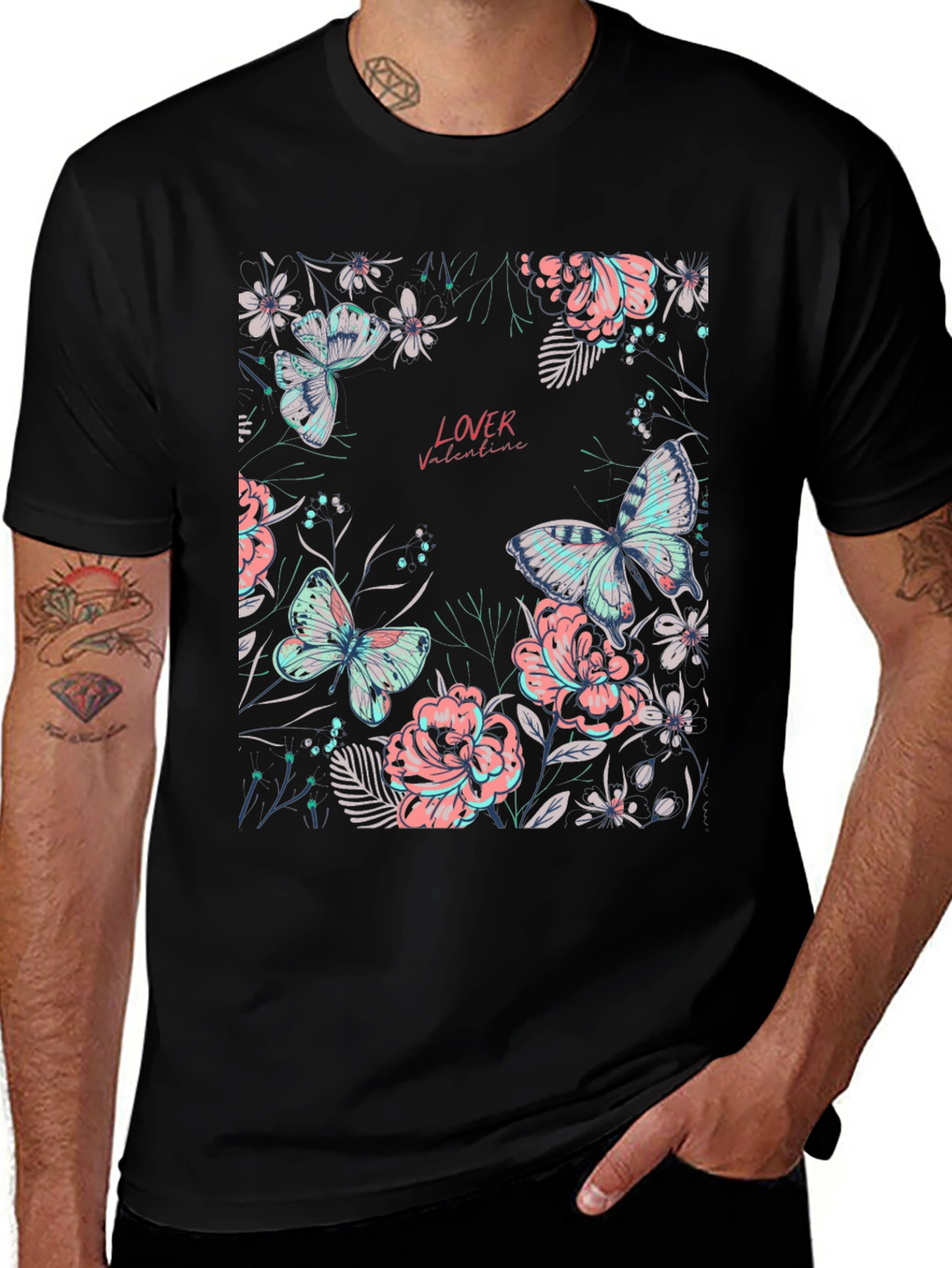 Variant 26 of Butterfly & Floral Lover Valentine Black Graphic Tee
