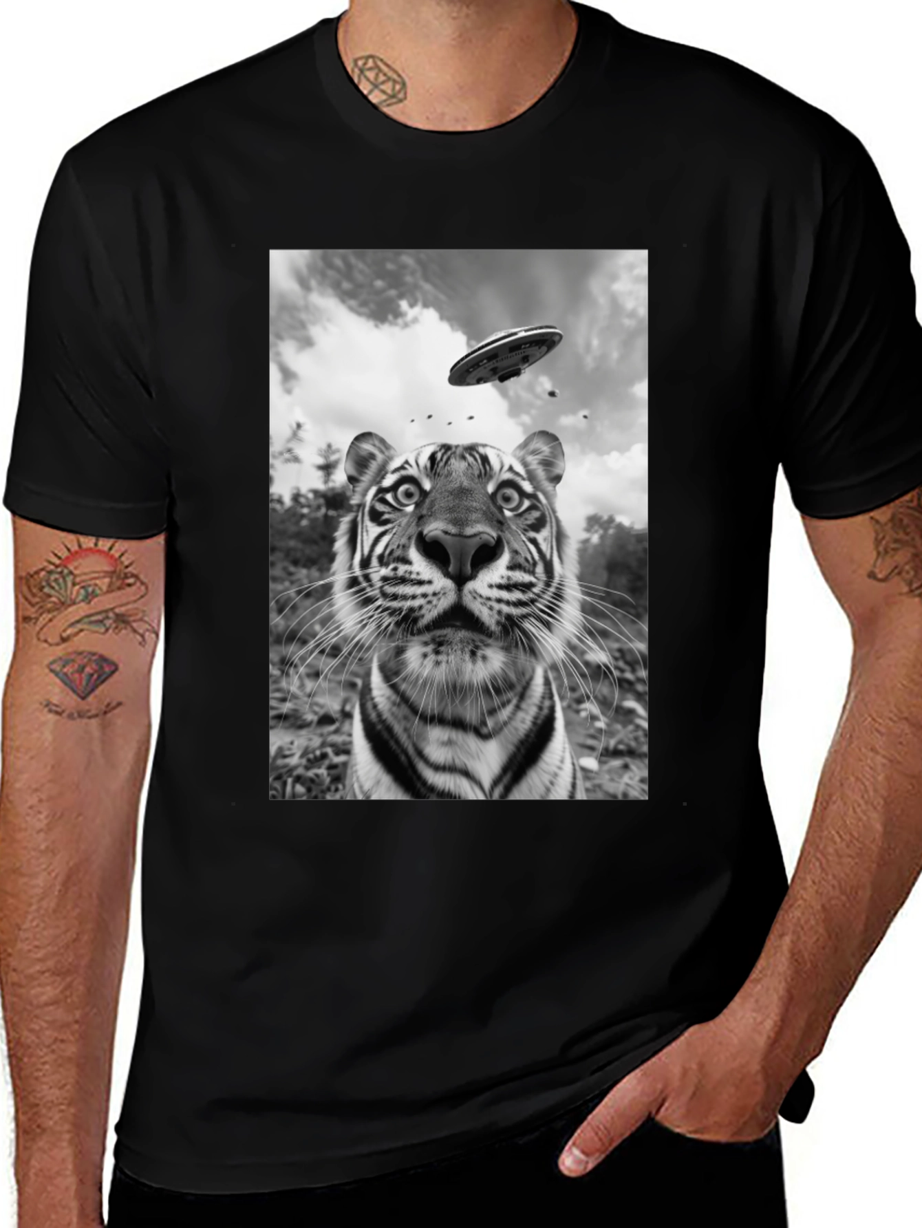 Variant 6 of UFO Tiger Graphic T-Shirt - Black Cotton Tee