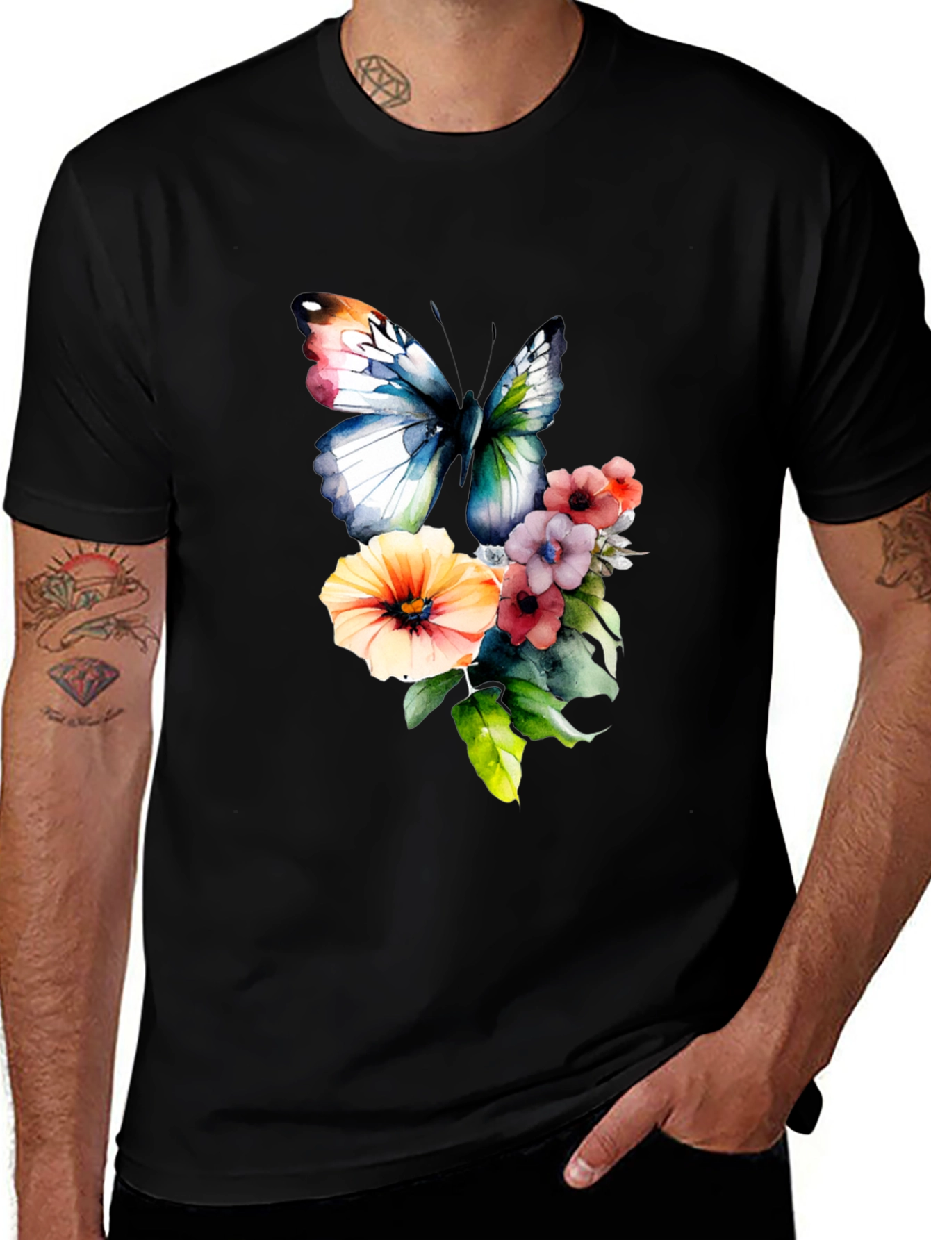 Butterfly Floral Print Black T-Shirt