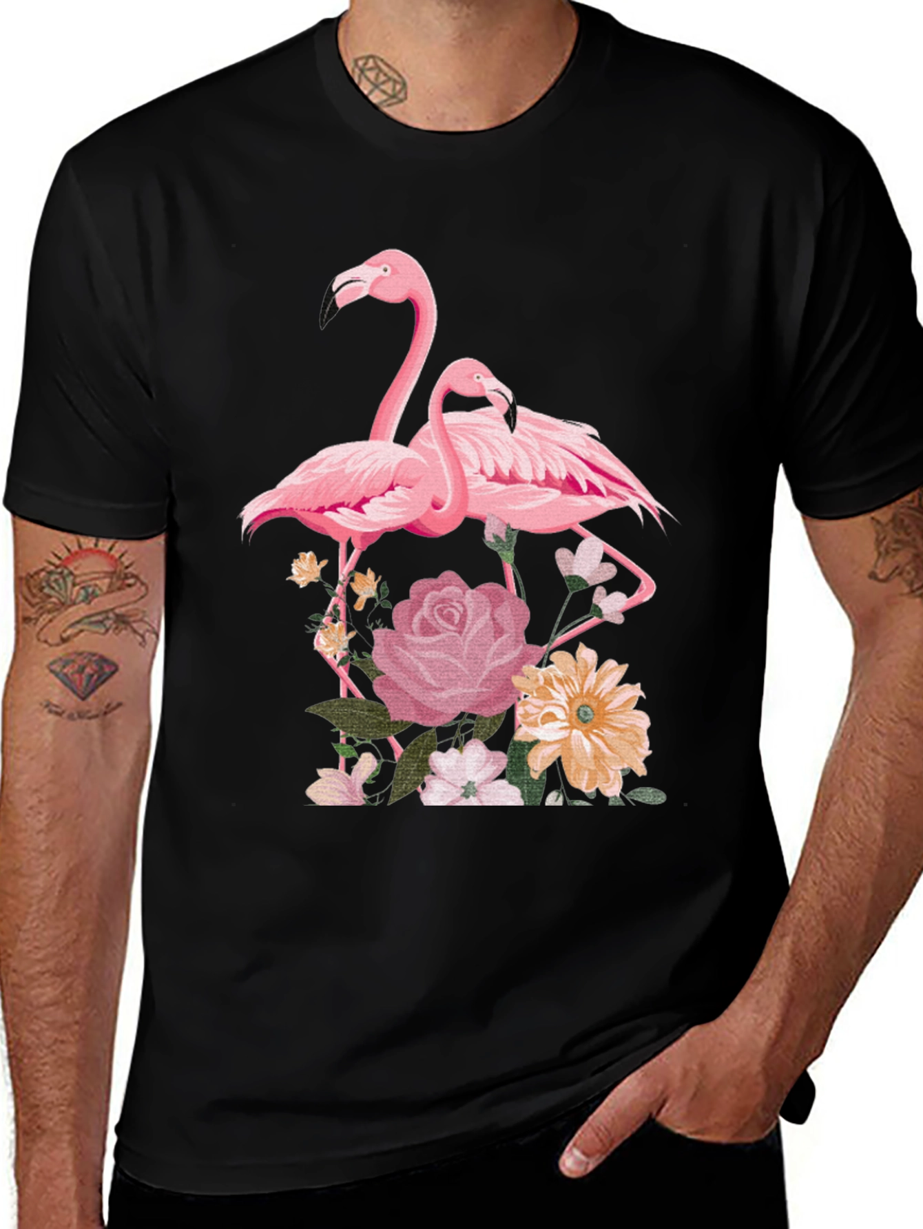 Variant 28 of Flamingo & Floral Print Black T-Shirt