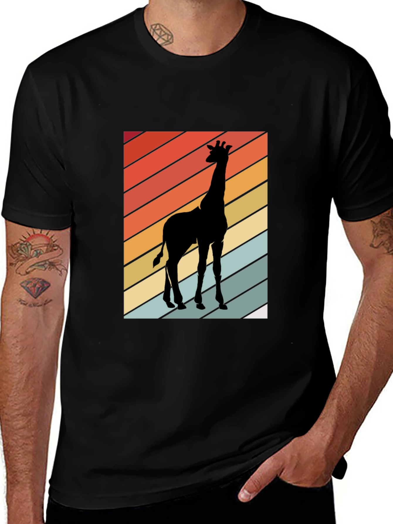 Retro Giraffe Graphic Tee - Black Cotton T-Shirt