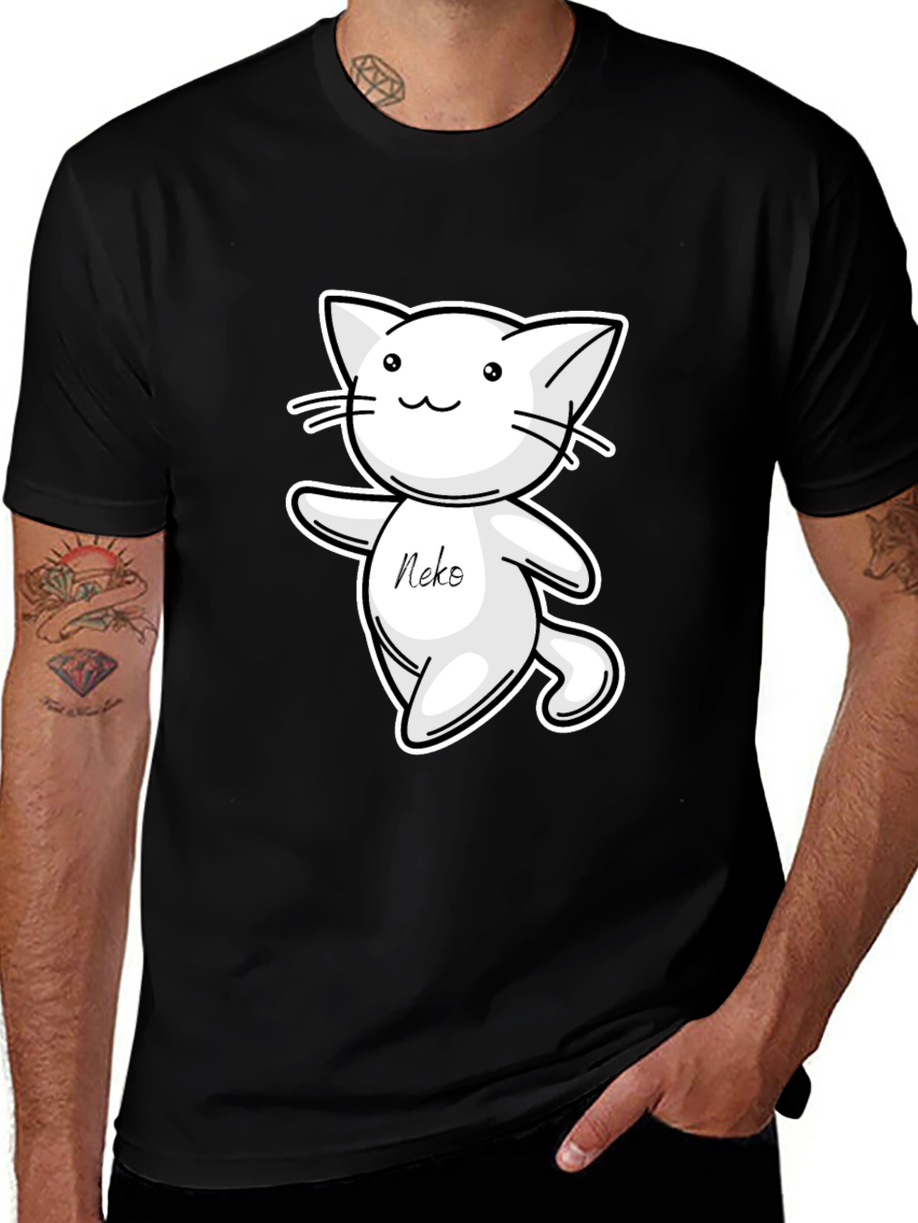 Cute Neko Cat T-Shirt - Black Cartoon Design