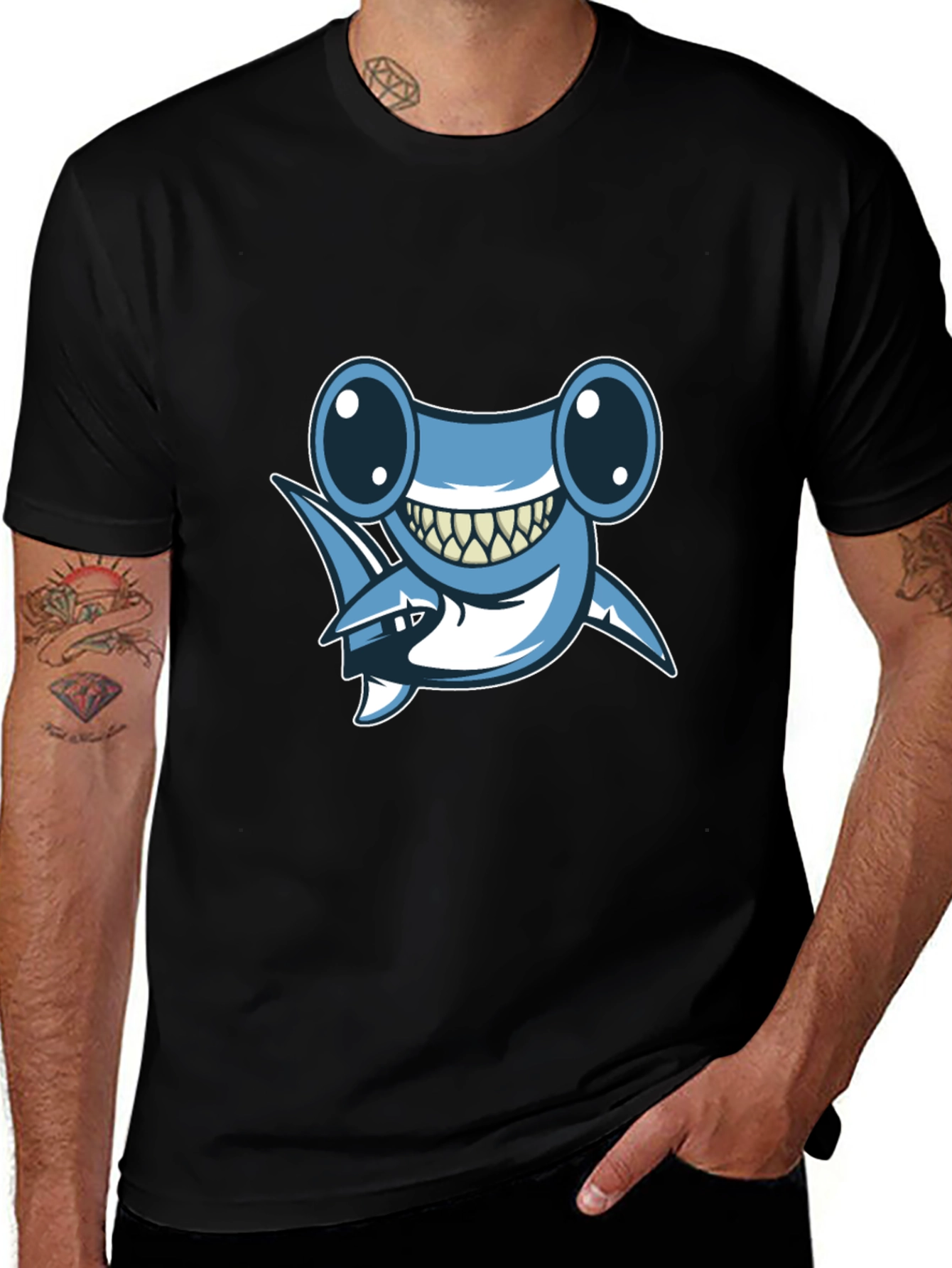 Variant 9 of Cartoon Shark Graphic Tee - Black Cotton T-Shirt