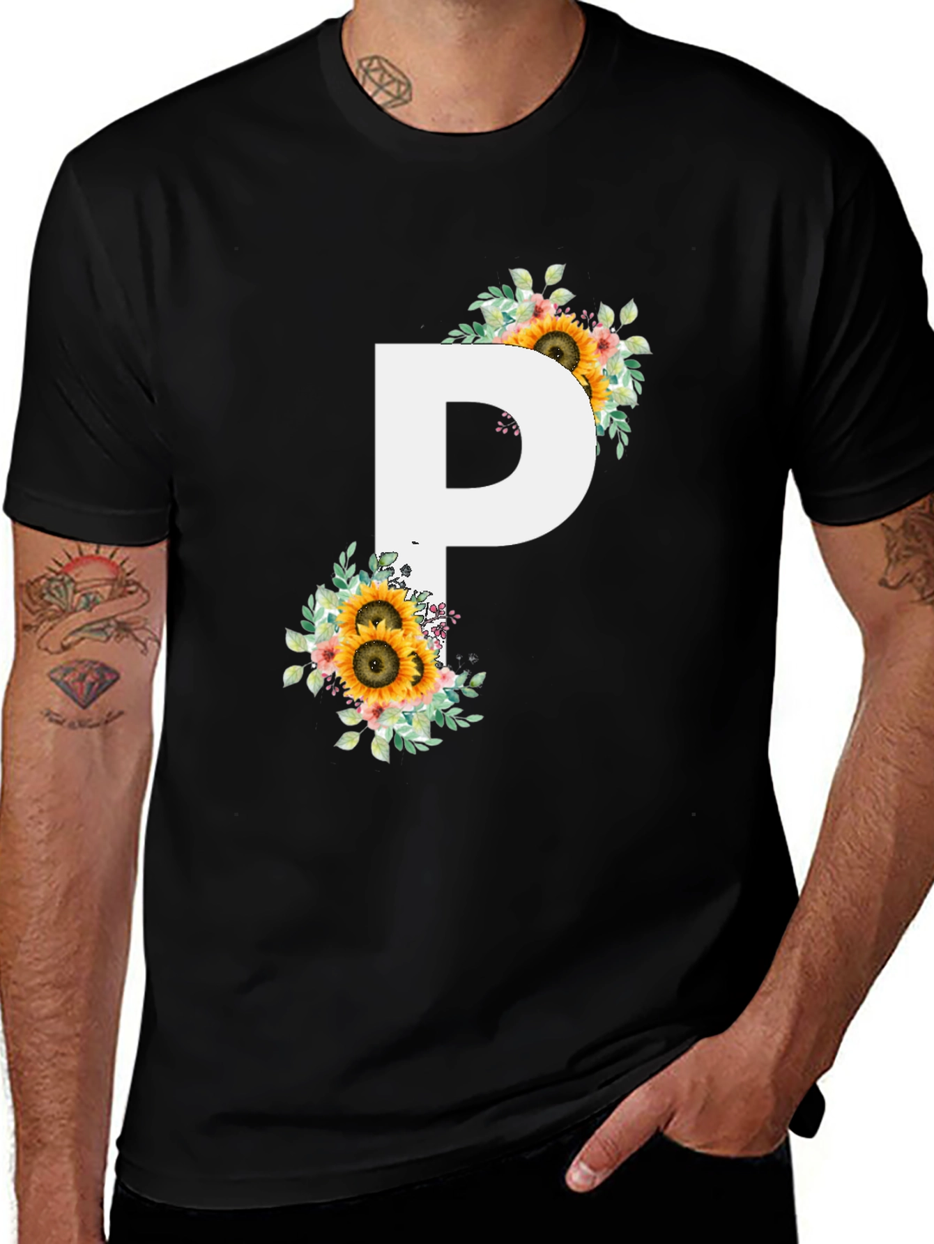 Variant 9 of Floral Letter P Black T-Shirt