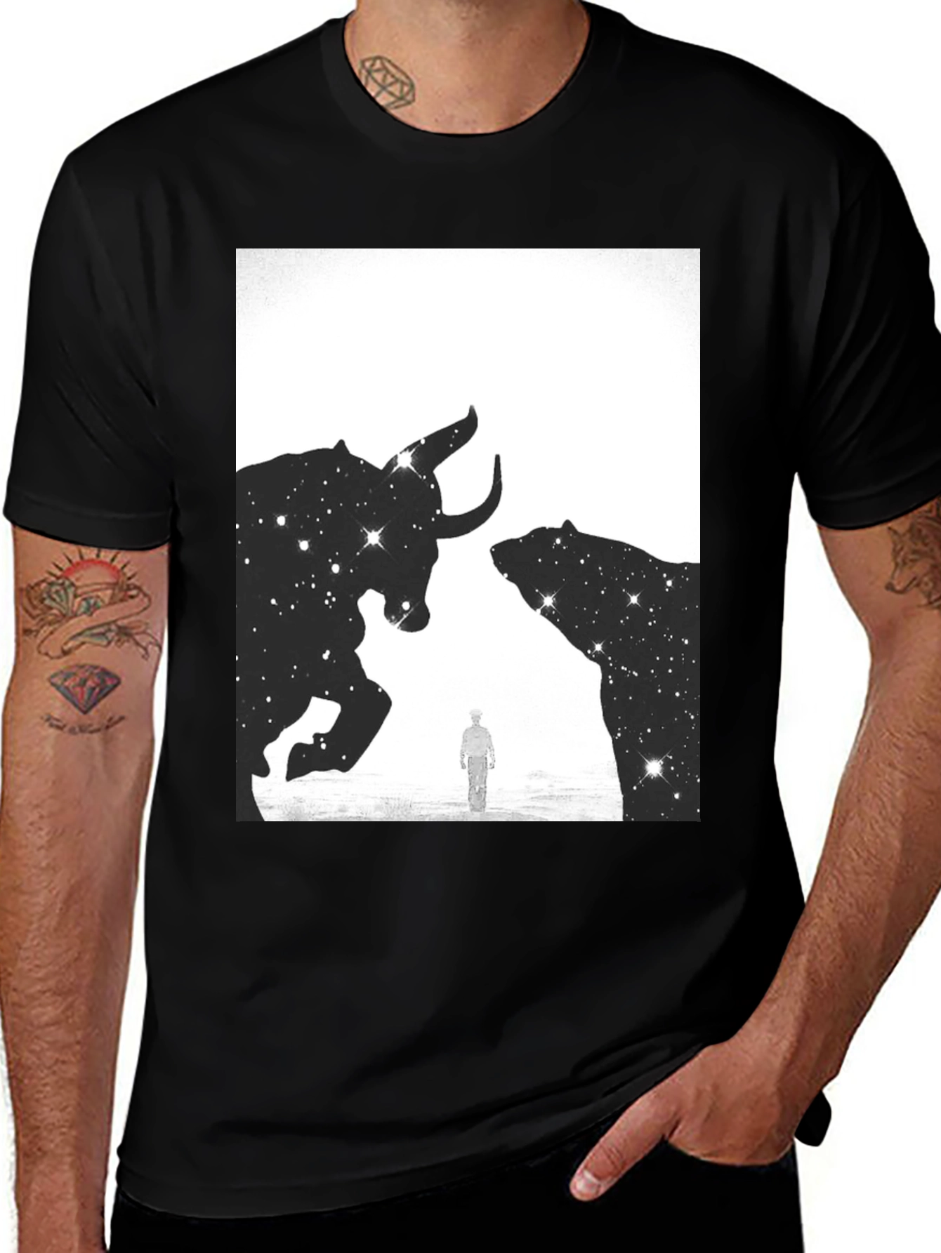 Variant 24 of Bull and Bear Galaxy Graphic Tee - Black Cotton Shirt