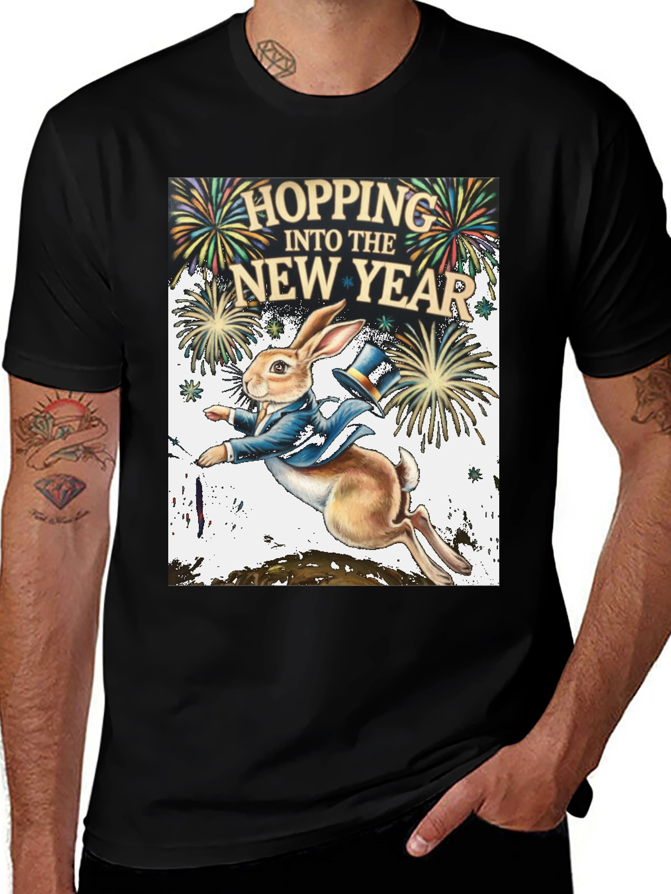 Variant 17 of Hopping Into The New Year Black Graphic Tee