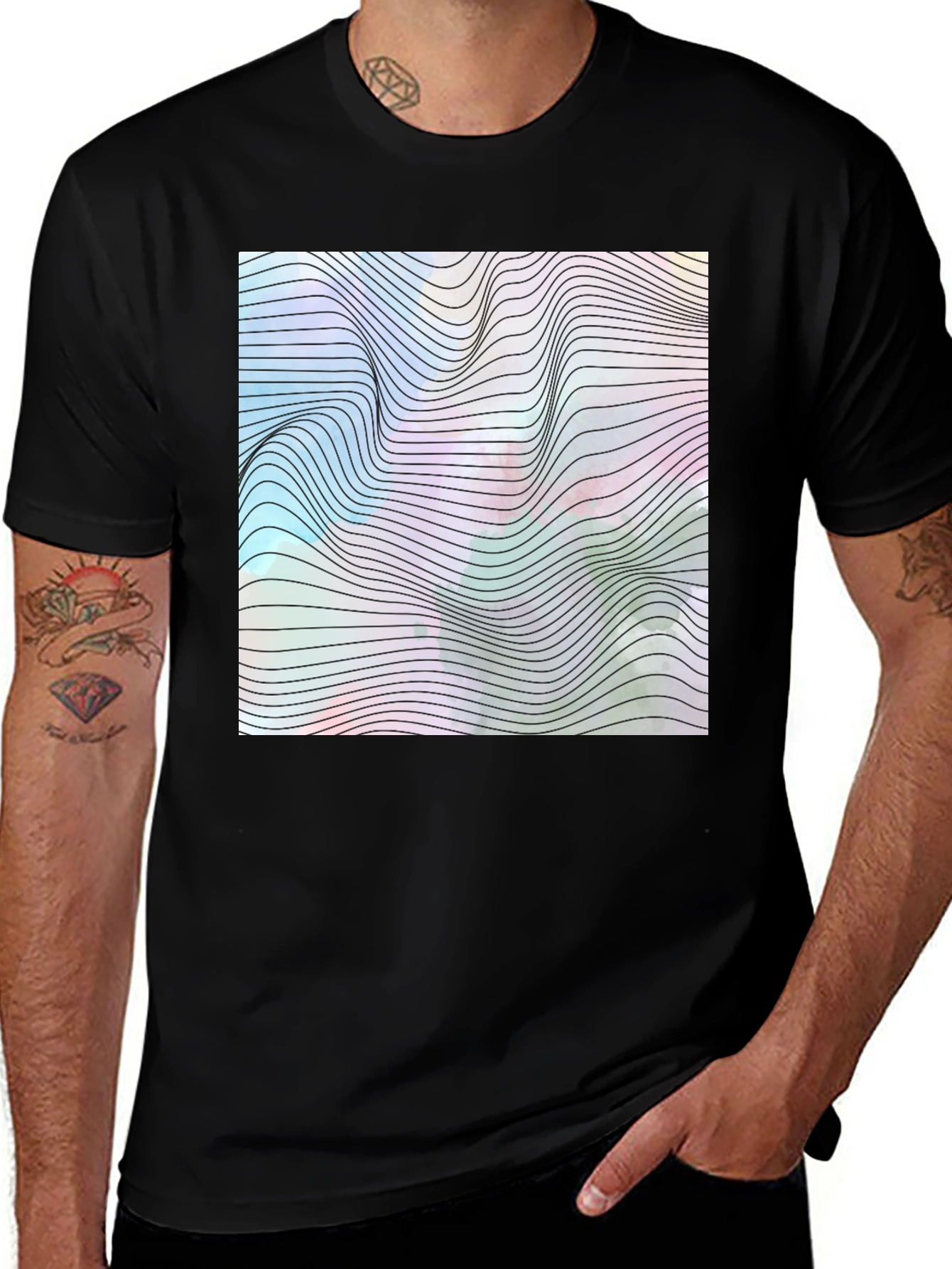 Black Abstract Wave Graphic Tee - Modern Black T-Shirt main image