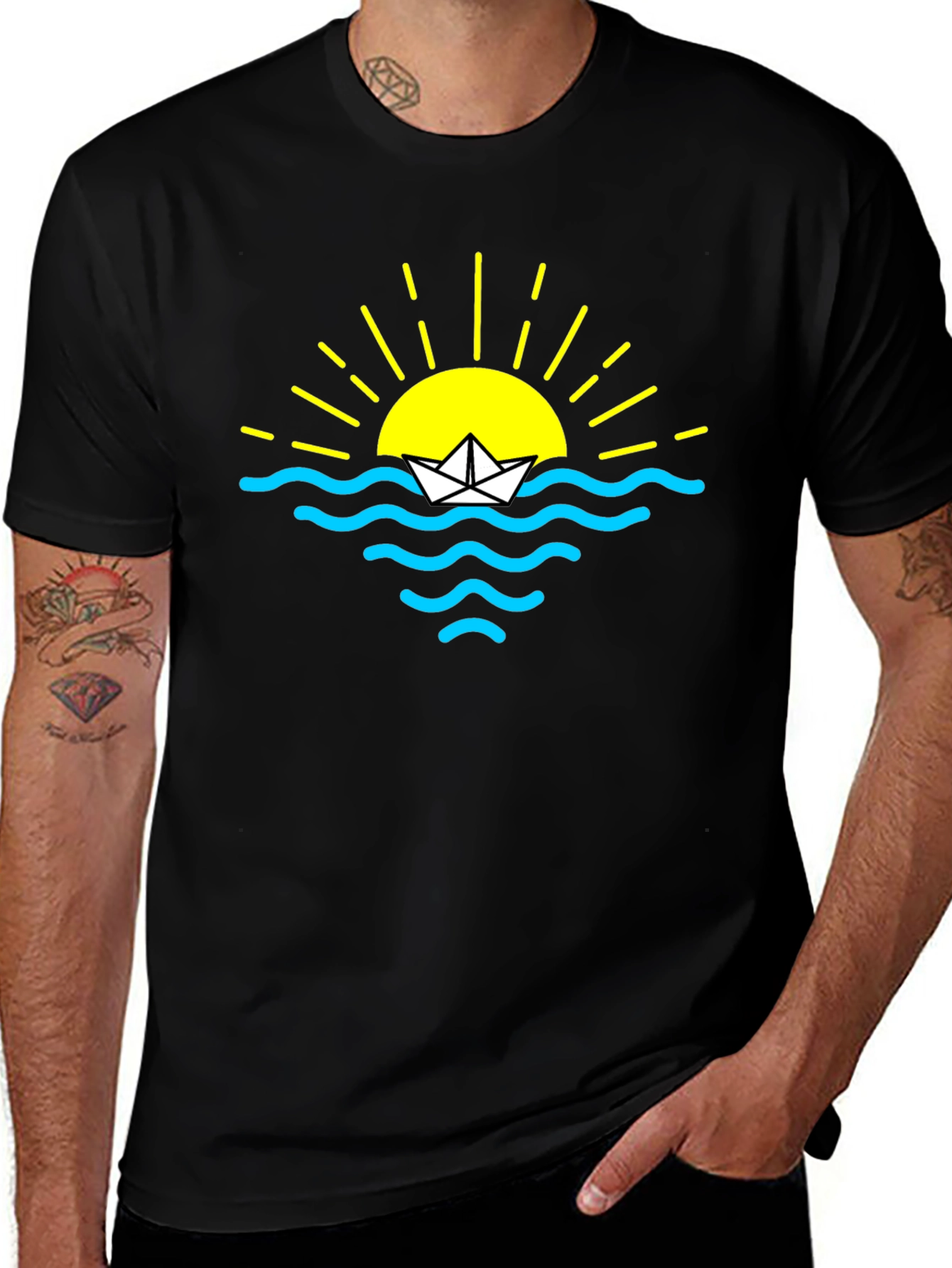 Variant 14 of Paper Boat Sunset Graphic Tee - Black