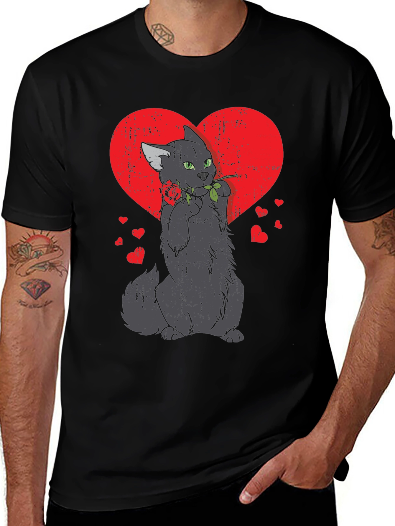 Variant 12 of Romantic Cat Graphic Tee - Black T-Shirt