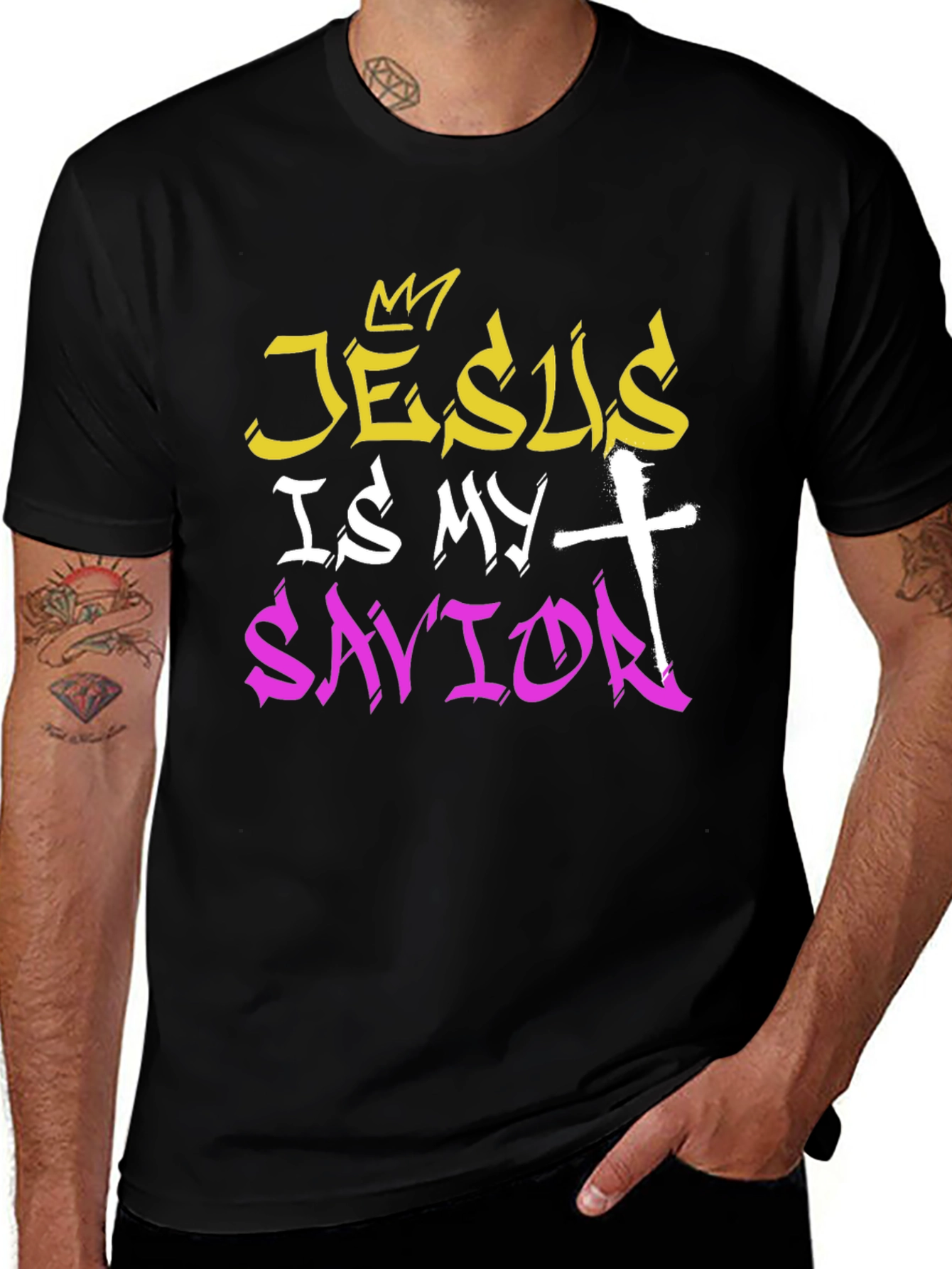 Jesus Is My Savior Graphic Print Black T-Shirt