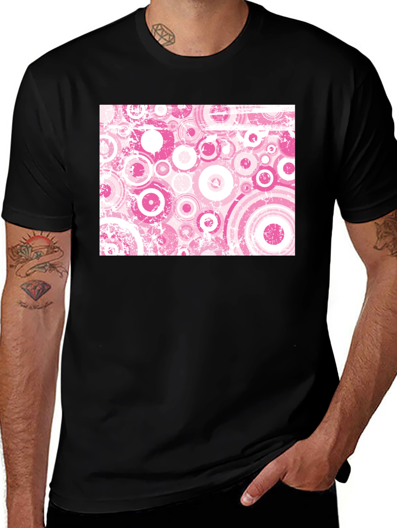 Black Retro Pink Circle Pattern Black T-Shirt main image