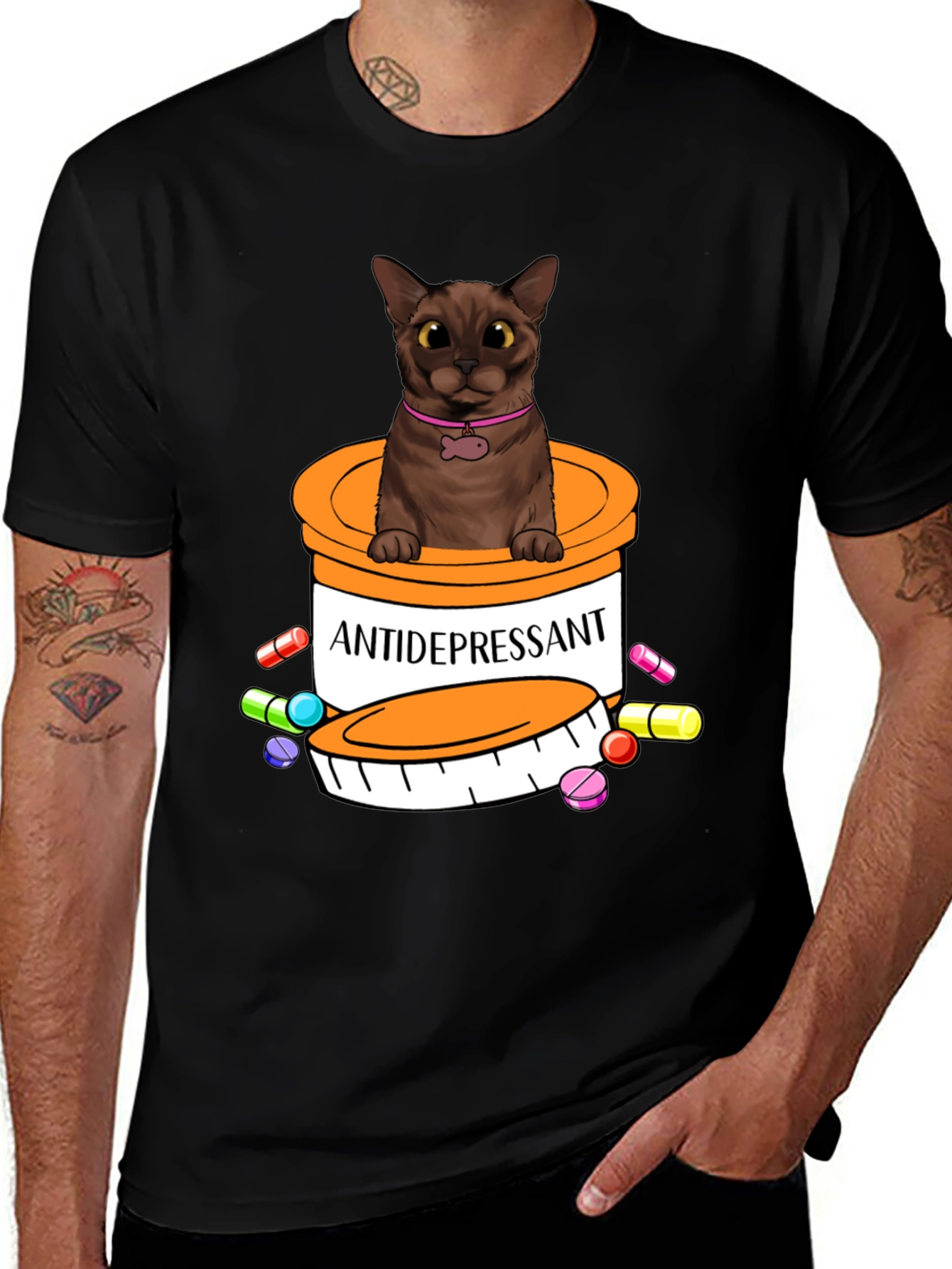 Variant 10 of Cat Antidepressant Pill Bottle Graphic Tee