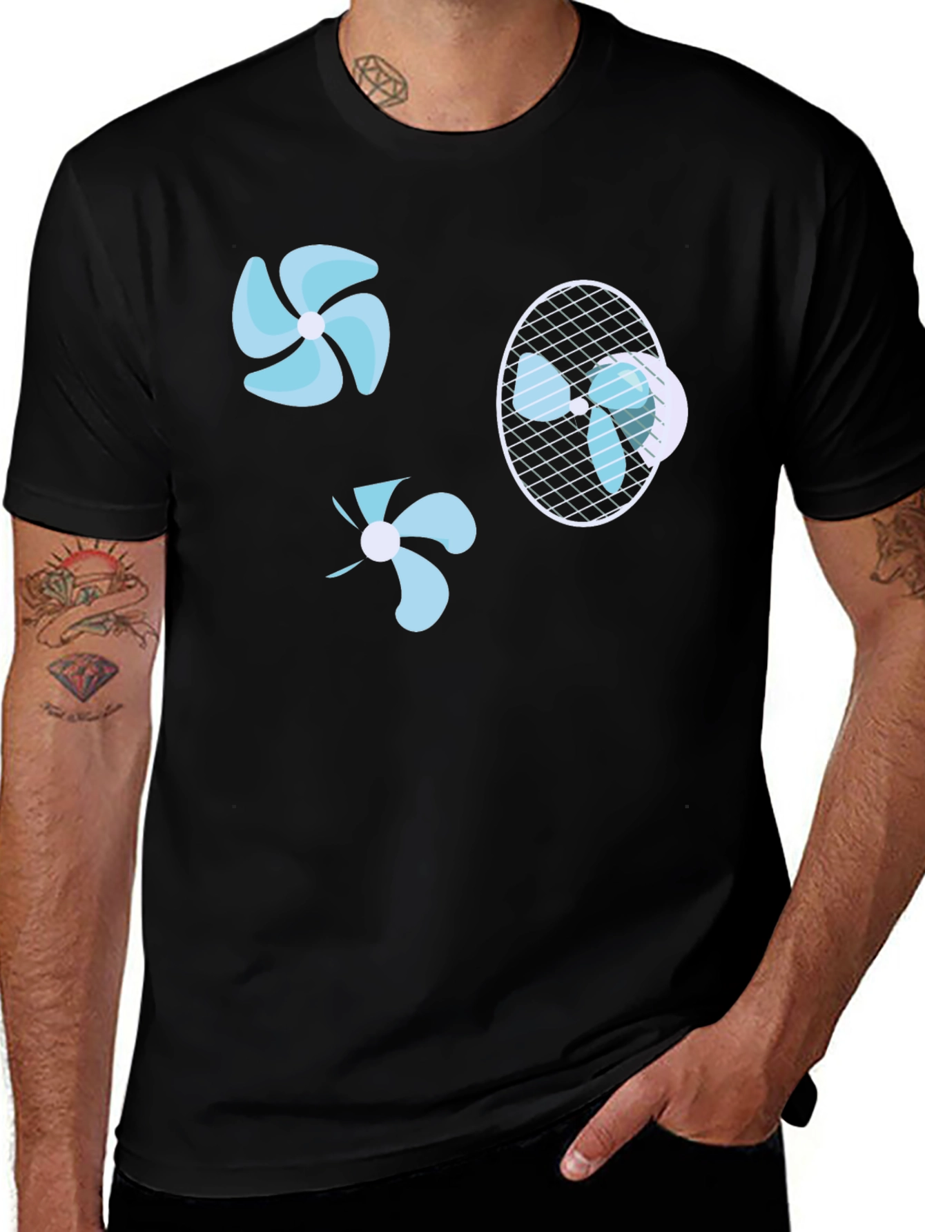 Variant 16 of Cool Breeze T-Shirt: Fun Fan Designs on Black Cotton Tee