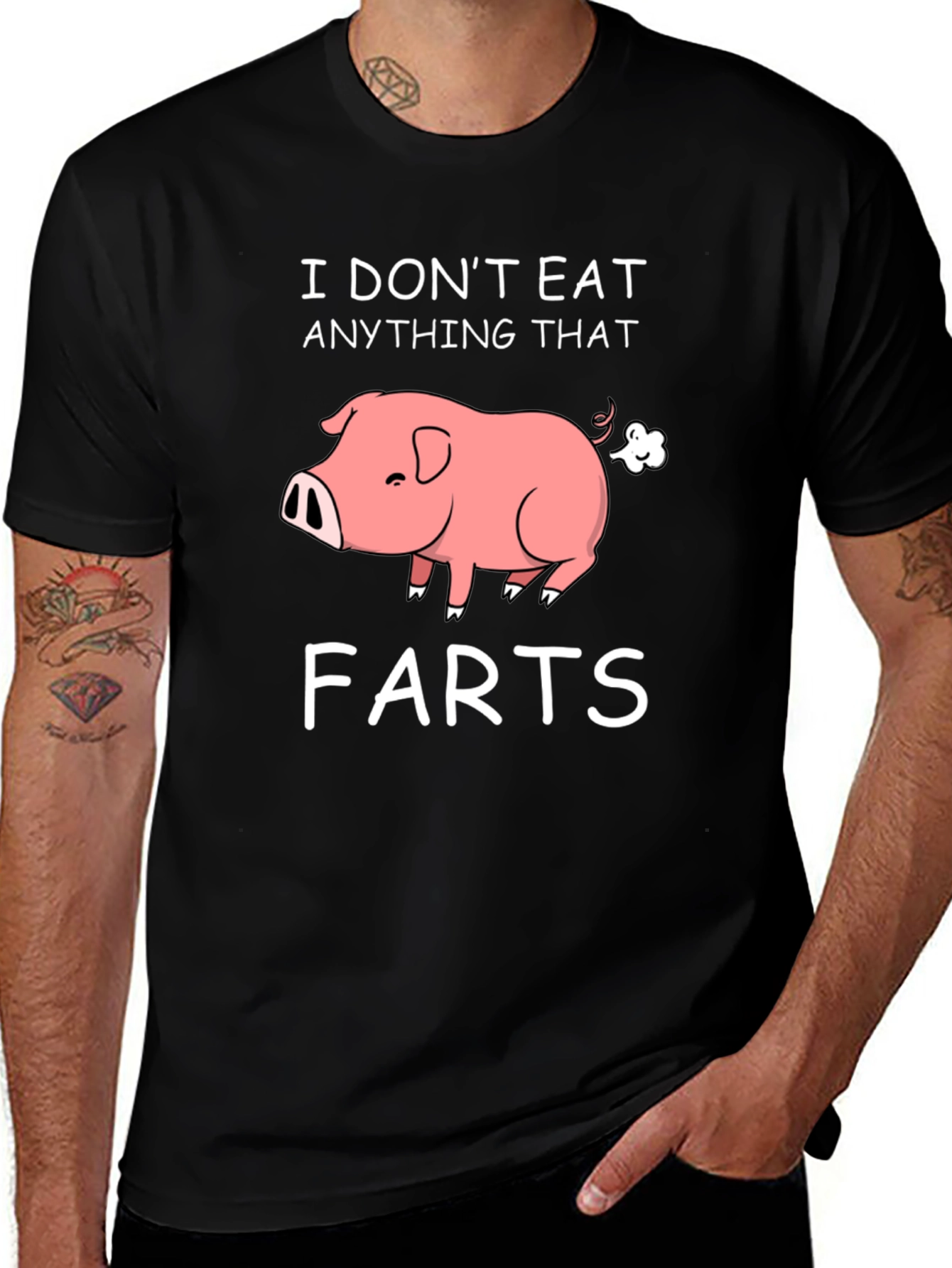Black Funny Vegan Pig Farts T-Shirt main image