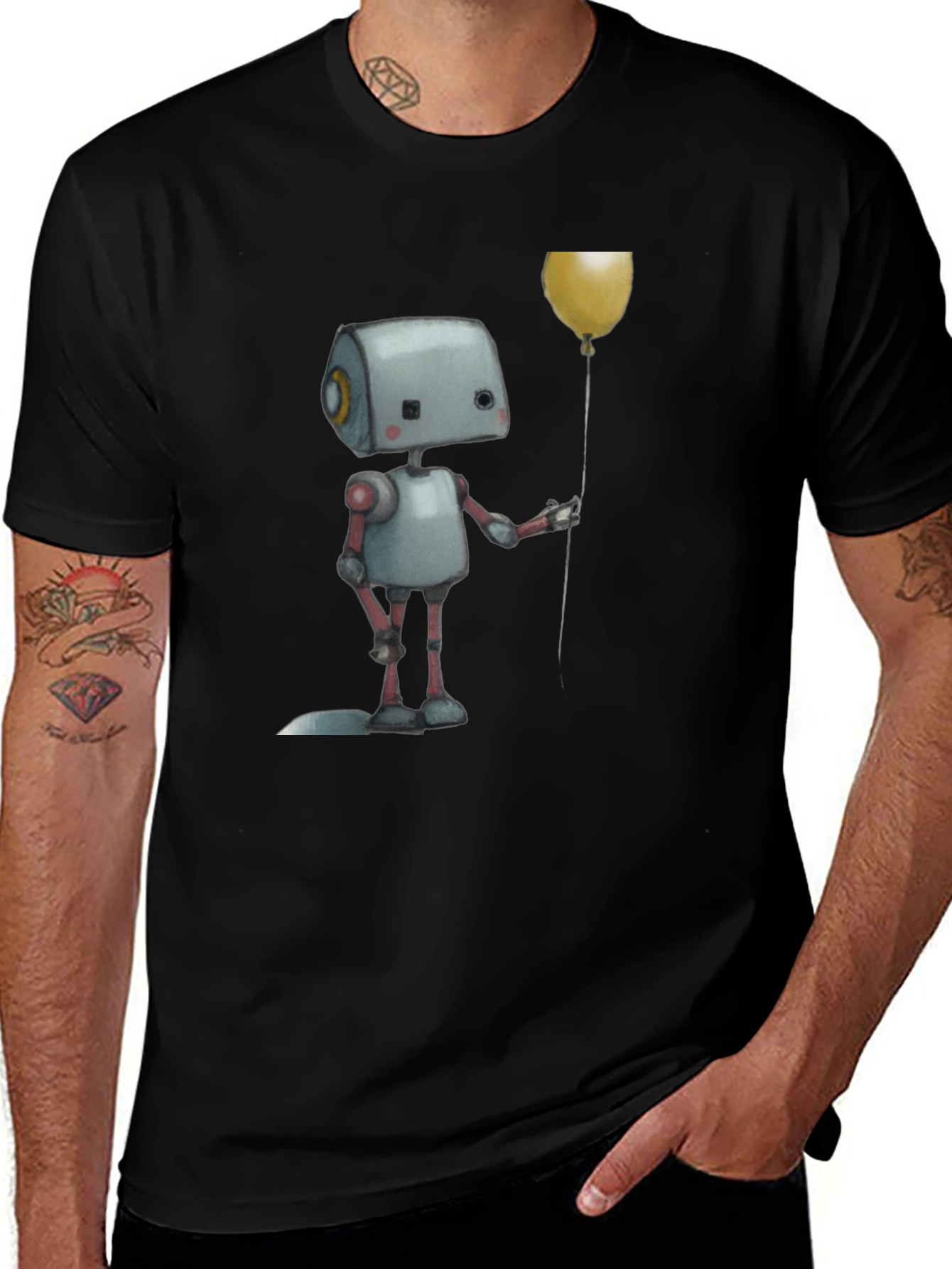 Robot Holding Balloon Black T-Shirt