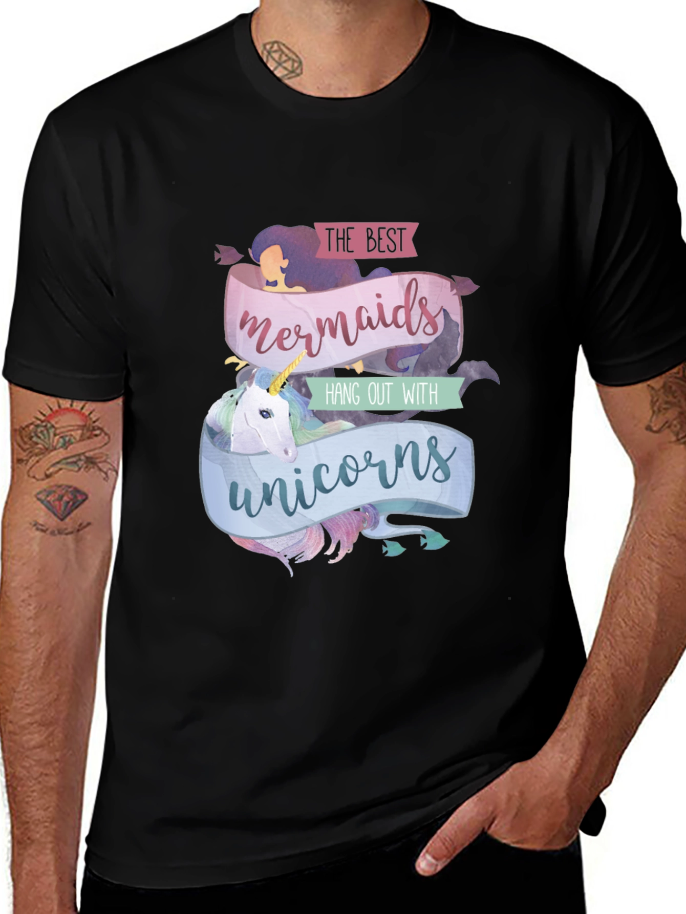 Variant 10 of Mermaids & Unicorns Graphic T-Shirt - Black Cotton Tee